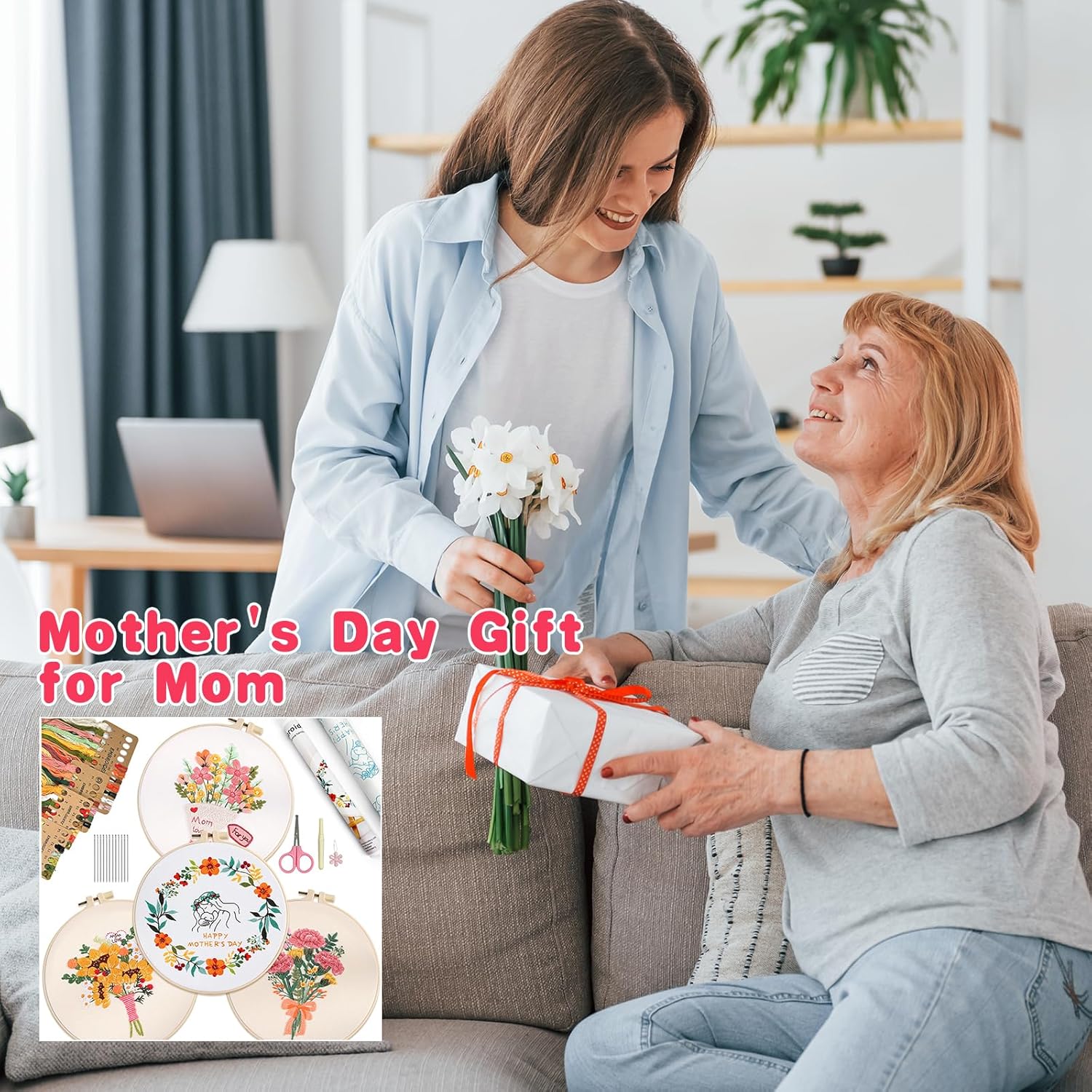 LipLopBest 4 Sets Mom Embroidery Kit for Beginners, Flower Cross Stitch Kits for Adults Starter Hand Craft Lover with Floral Stamped Pattern, Unique Mothers Day gifts for Mom Grandma from Daughter Son