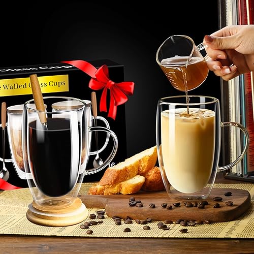 Miniatura 7 de PARACITY Tazas de café de vidrio de doble pared de 16 onzas con tapacuchara de bambú, juego de 2 tazas de café de vidrio con asa, taza de café
