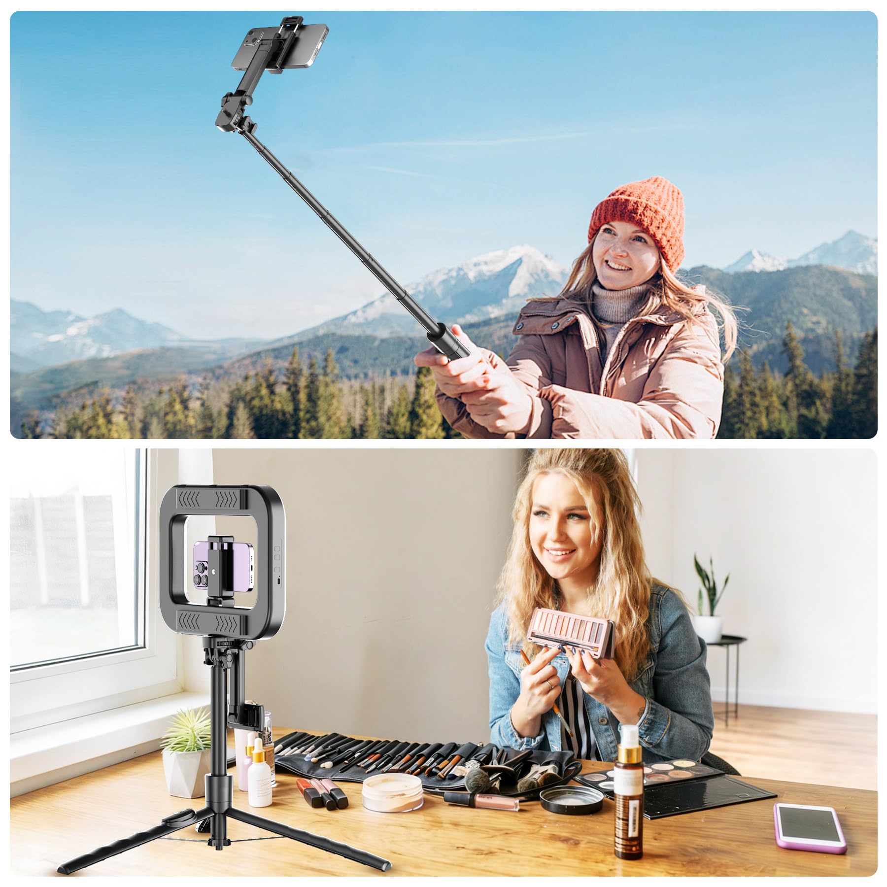 Treppiede per iPhone con luce per registrazione video, treppiede portatile per fotocamera e telefono, selfie stick con luce per creatori di contenuti, vlogging, Tiktok