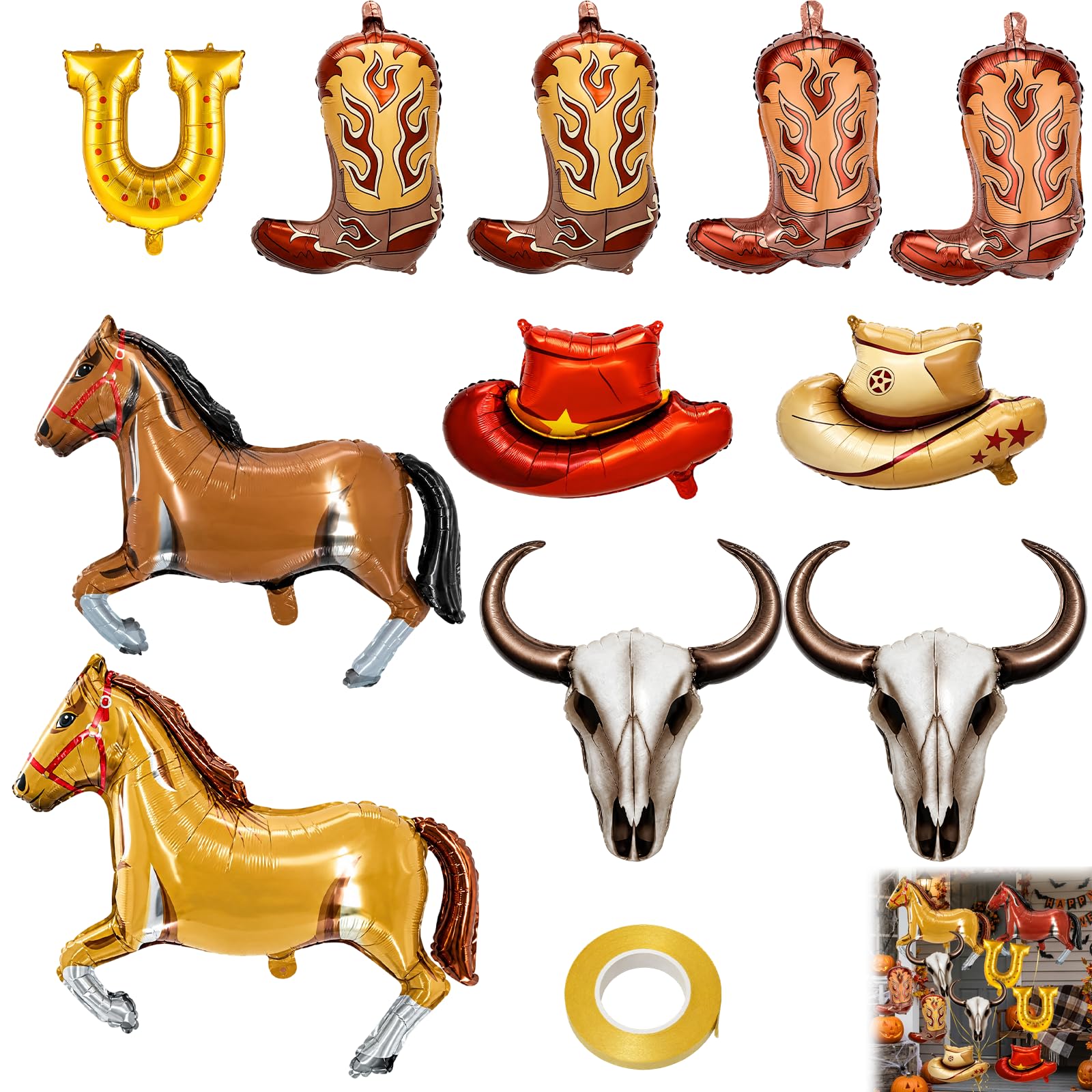 Cowboy Balloons, Western Party Decorations, 12 PCS Set with Horses and Hats