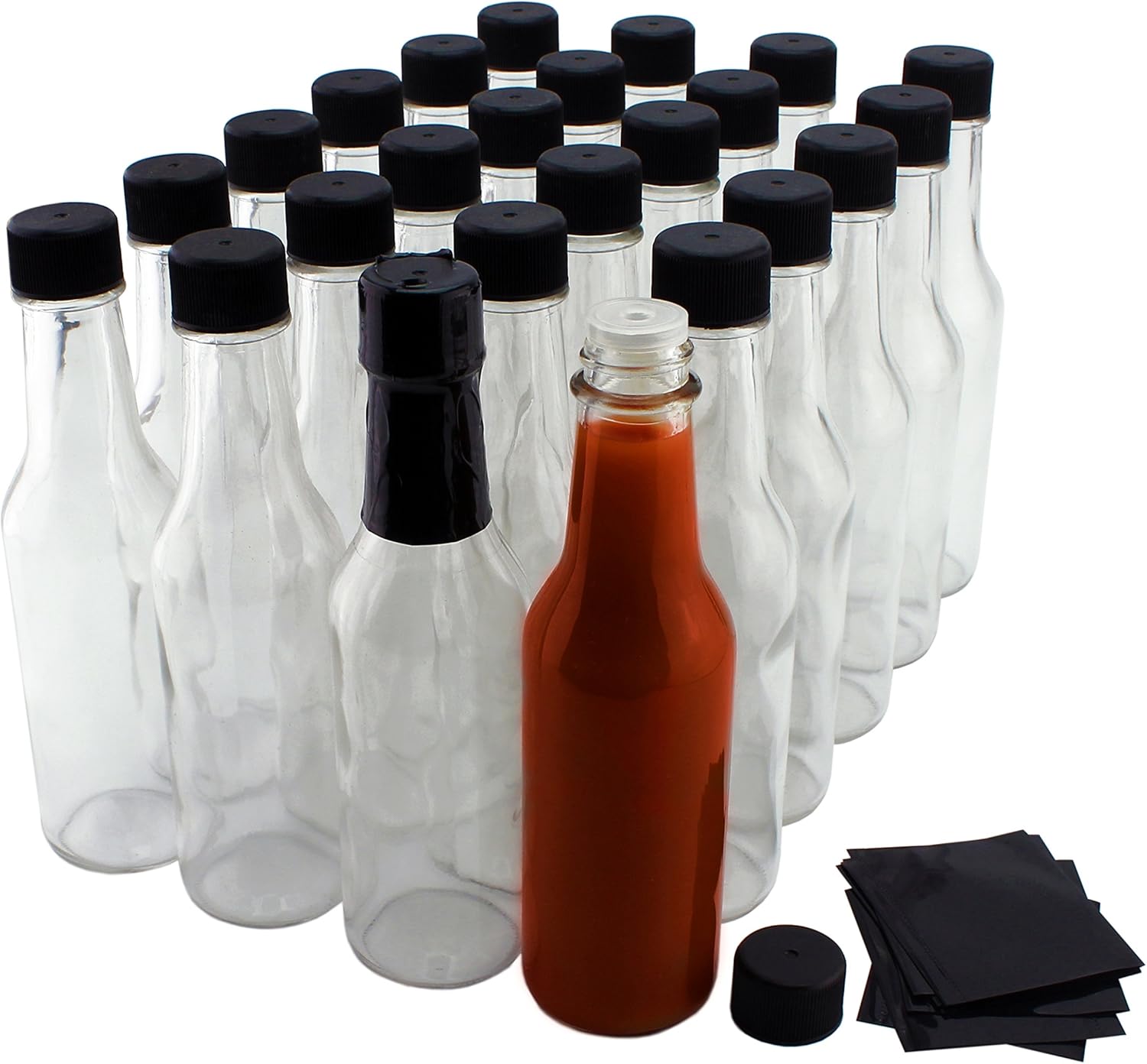 5Ounce Hot Sauce Bottles (24Pack), Clear Glass Woozy Bottles Set w/Black Caps