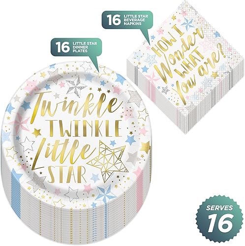 Miniatura 2 de Twinkle Little Star - Suministros metálicos para fiestas, platos llanos de papel con estrellas doradas brillantes y servilletas para bebidas (sirve