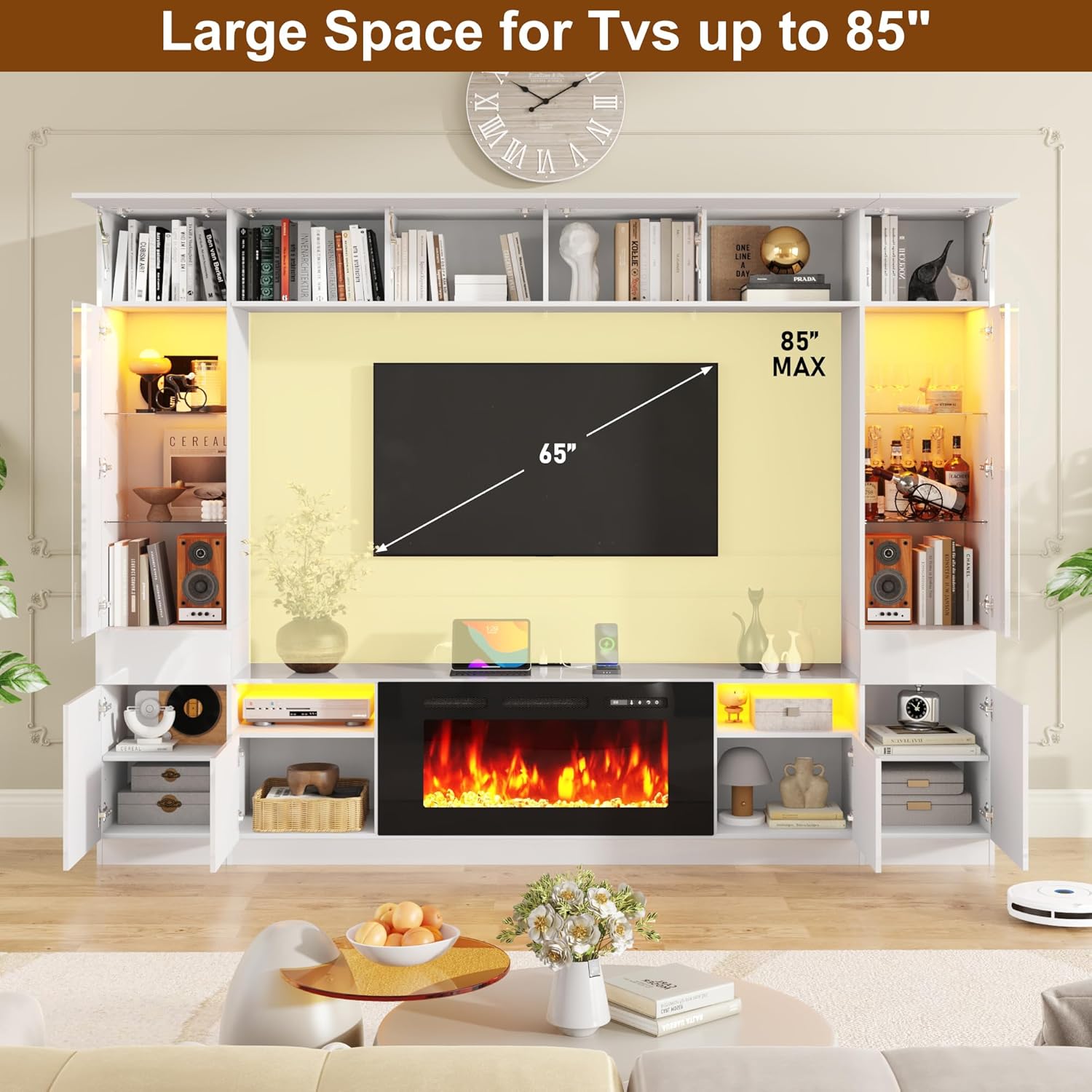 107" Wall Unit Entertainment Center with 40" Electric Fireplace & Bookshelves, Modern High Glossy TV Stand with Storage Shelves & Bridge Cabinet & LED Lights, Media Console for Living Room,White