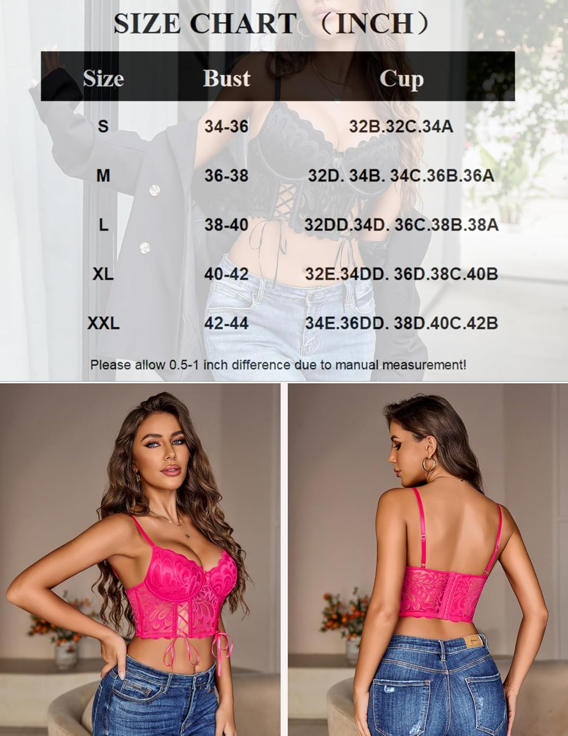 Avidlove Womens Lace Bralette Underwire Corset Tops Camisoles Bustier Crop Tops Y2k (Rose Red,XXL) - Image 6