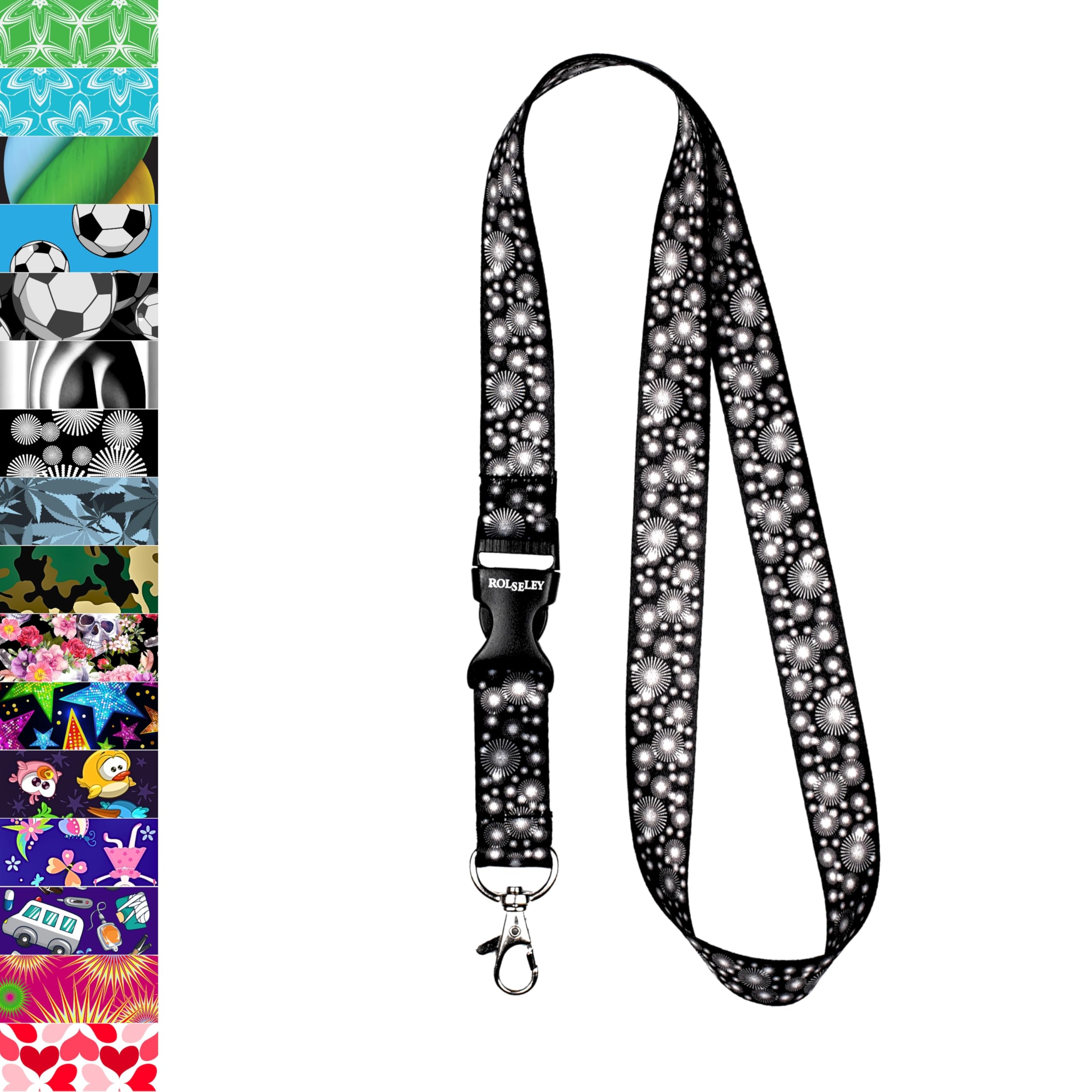 ROLSELEY Lanyard neck strap with CIRCLES - BLACK for id badge holder with metal clip