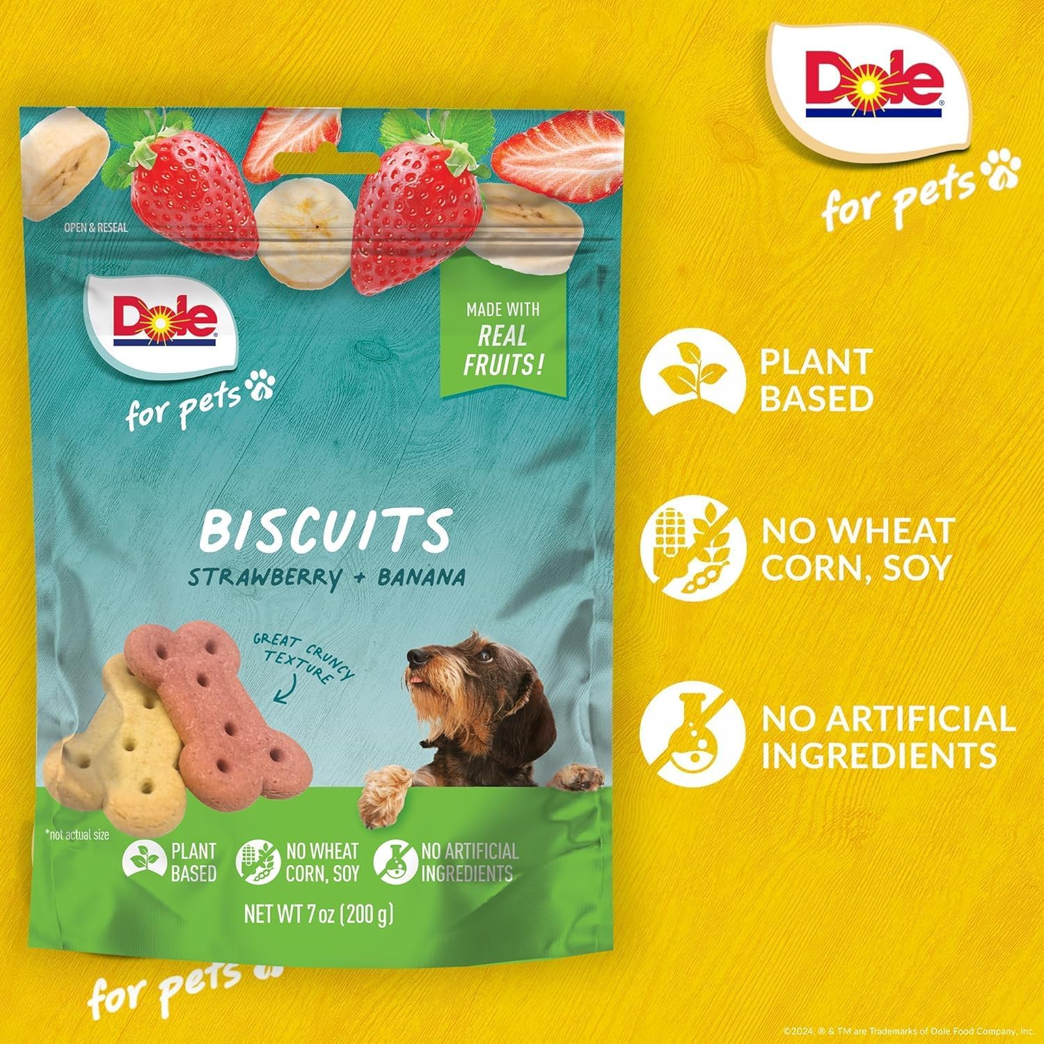 Dole for Pets Dog Biscuits Assorted Banana + Strawberry Mix, Real Fruit Flavor Vegan Crunchy Treats, No Wheat Corn Soy or Artificial Additives, Bite Size Training Snacks for Dogs, 7 Oz - 6 Pack