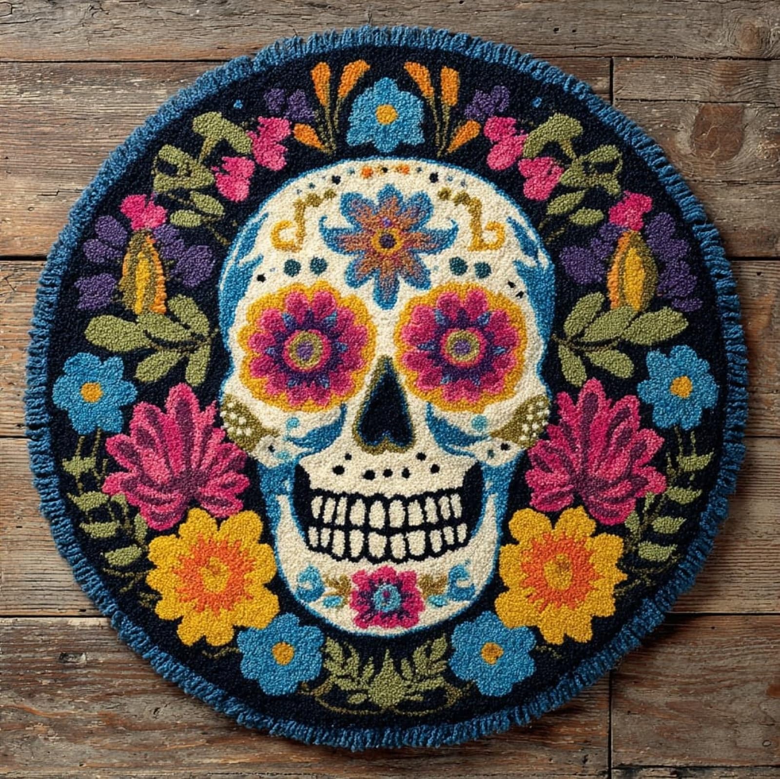 WallustrioaW Latch Hook Rug Kits for Adults,Skulls and Flowers,Crochet Kits for Beginners,DIY Cross Stitch Cushion Craft with Yarn and Crochet Hook,50x50cm