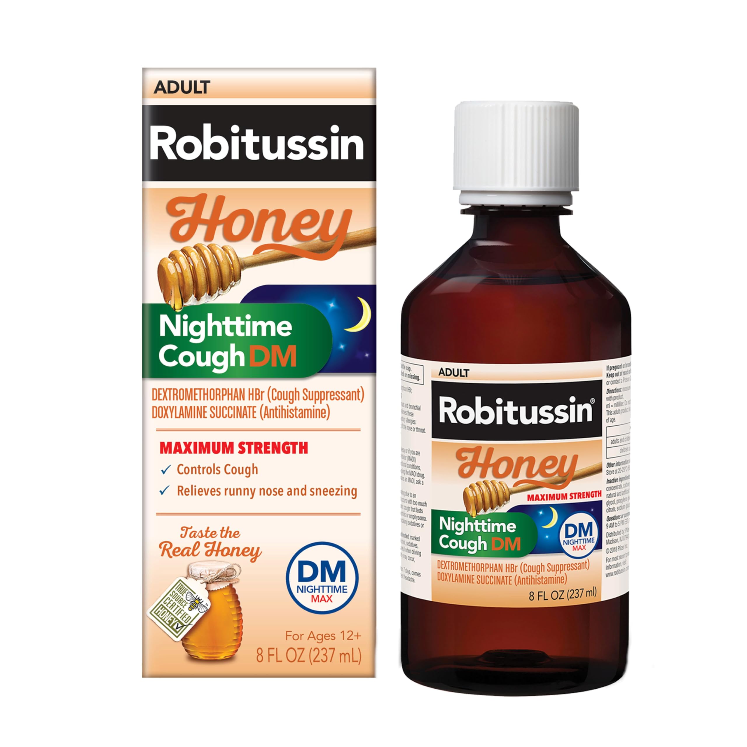 Robitussin Honey Nighttime Cough DM Max - Controls Cough, Runny Nose and Sneezing - Adult Formula, 8 Fl Oz