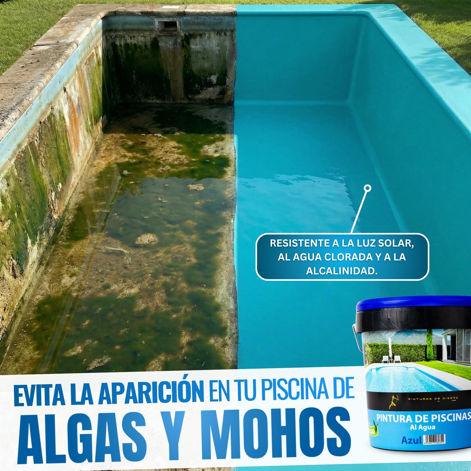 Pintura para Piscinas Al Agua Antialgas AZUL, 5 Litros Alta Resistencia Rayos UV Cemento, Hormigón Secado Rápido Aplicación Sencilla
