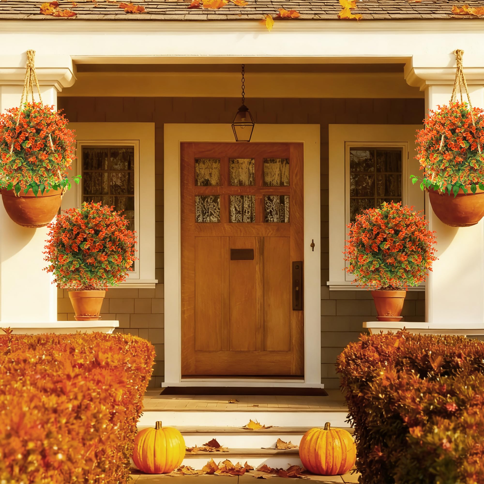 28" Artificial Fall Flower Bushes with Ground Stakes -Artificial Topiary Tree with Eucalyptus Orange Faux Floral Plants with Autumn Leaves for Outdoor Thanksgiving, Garden, Pathway, Porch Décor