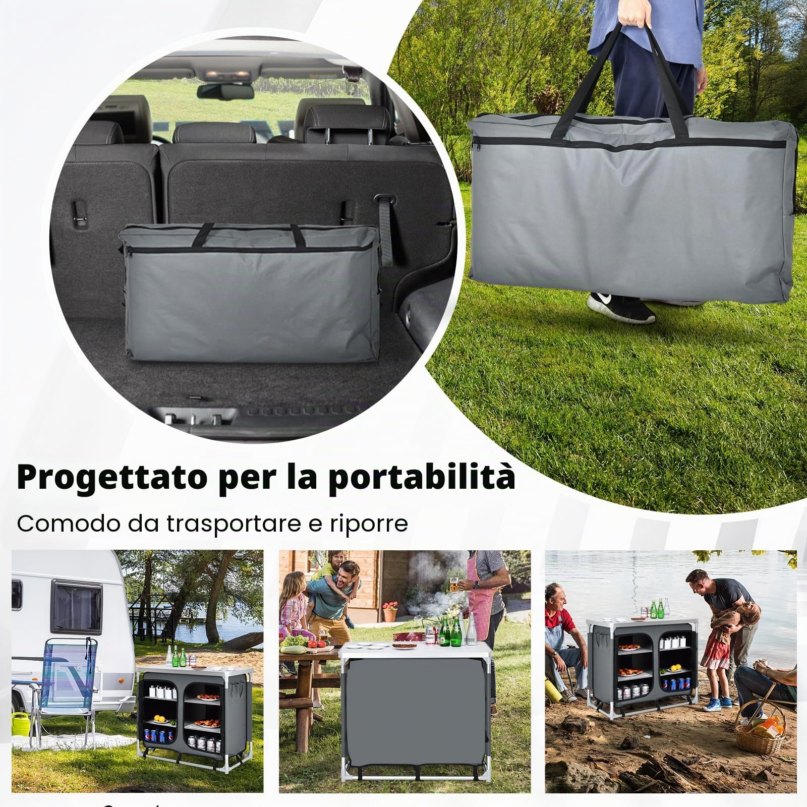 KOMFOTTEU Tavolo Pieghevole da Campeggio in Alluminio a 4 Livelli, Tavolo Picnic Richiudibile con Ante in Rete con Cerniera, Borsa per il Trasporto, Cucina da Esterno, Picnic, Barbecue, Festa