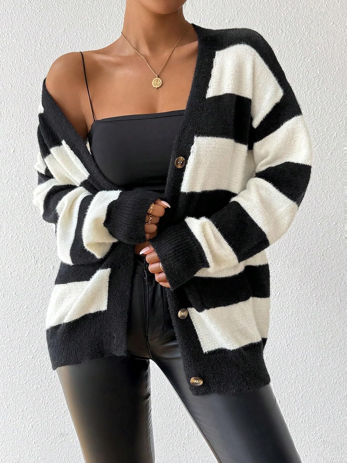 Button Up Cardigans for Women Chunky Knit Striped Long Sleeve Cardigan with Pockets Dressy Casual - Image 2
