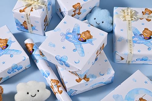Miniatura 5 de Sikiweiter Papel de regalo para baby shower, 17 x 16.4 pies, rollo de regalo de oso de peluche para regalos de baby shower de niño (oso de bebé)