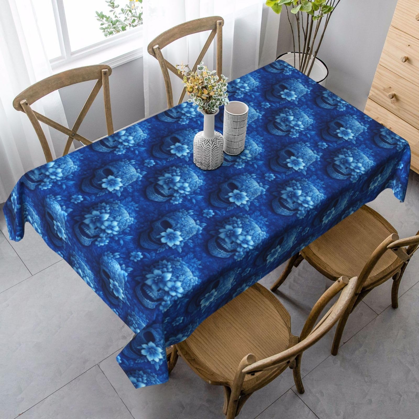 Nappe rectangulaire imprimé floral bleu tête de mort 152x228 cm