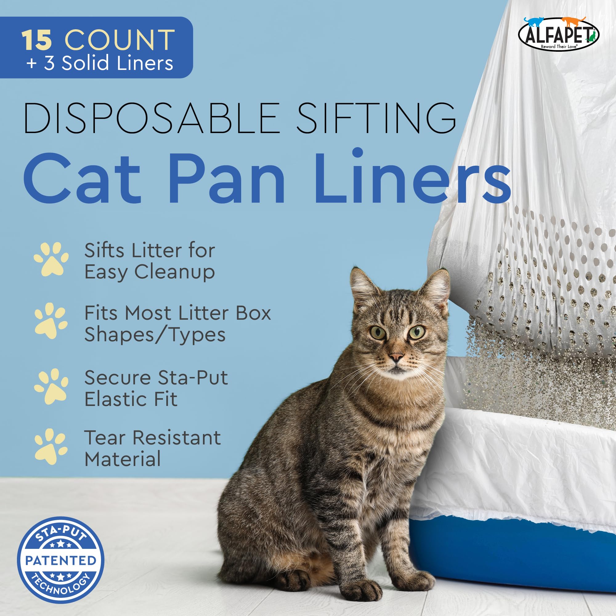 Alfapet Sifting Cat Litter Box Liners - Jumbo 15 Count, Pack of 5 - Tear-Resistant Cat Litter Bags, Waterproof Kitty Litter Liners, Fits Litterbox Pan Sizes X-Large, X-Giant, 37" x 18" 30 lb Capacity - image 2