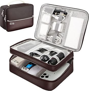 House of Quirk Electronics Travel Organizer, Double Layer Cable Organizer Bag Watreproof Electronics Accessories Storage Bag for Cord, Charger, Phone, Power Bank, Hard Drive (Brown)