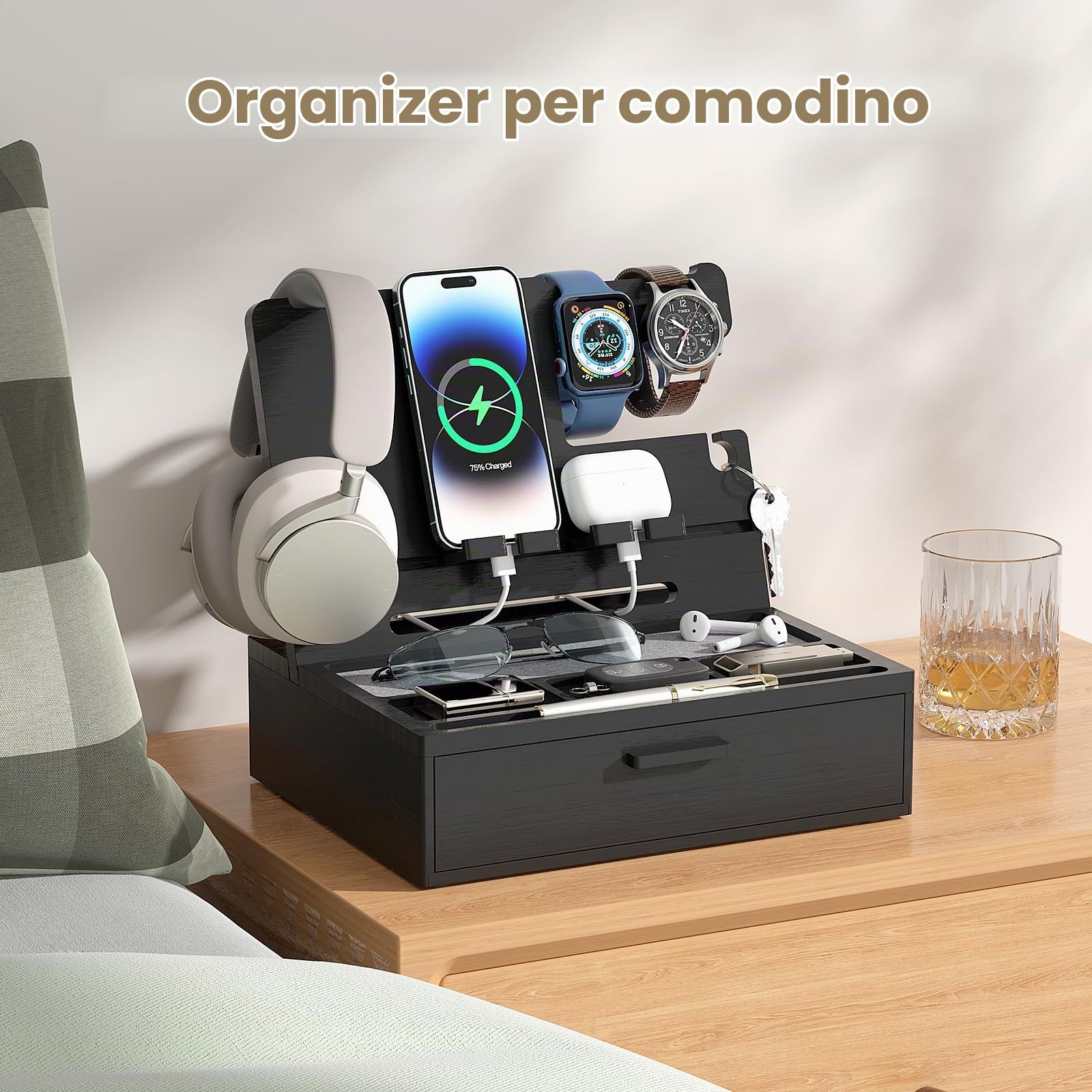 Pezin & Hulin Vassoio Organizer per Comodino in Legno, Docking Station per Telefono in Bambù con Cassetto, Vassoio Valet da Comodino per Multi-Dispositivo, Ideale per Marito Lui Fidanzato Laurea