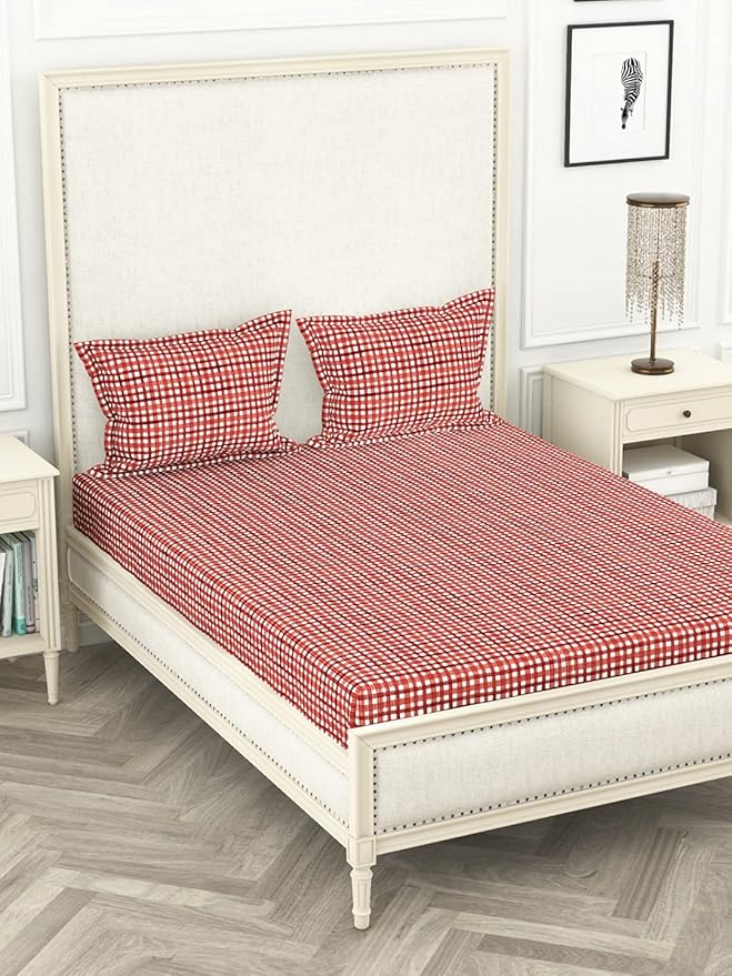 Lorena Paris 100% Pure Cotton Double Size 1 Bedsheet with 2 Pillow Covers - 110 TC (Castillo) - Red