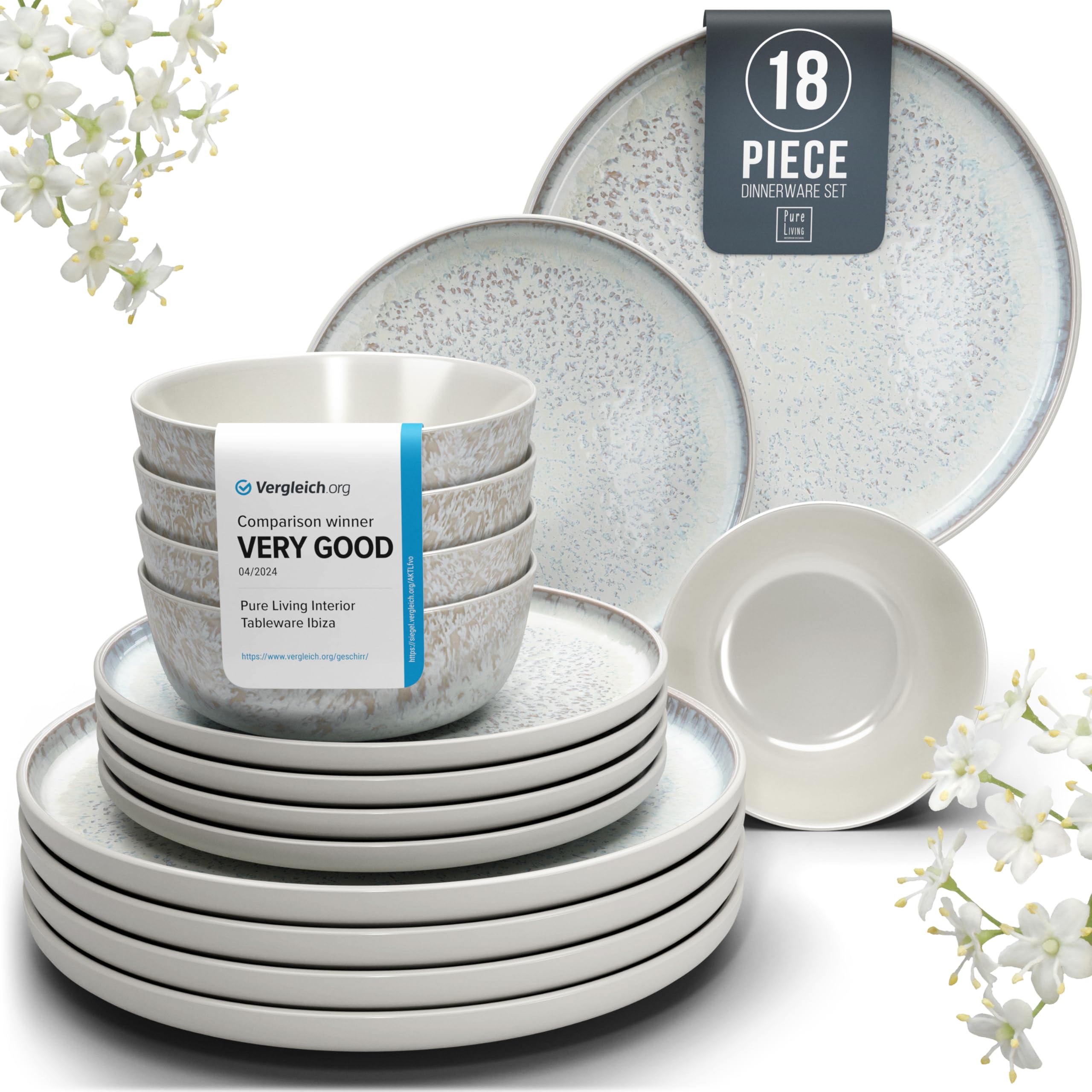 18 Piece Dinner Sets for 6 People - Beautiful Mediterranean Style Stoneware Dinner Set for 6 - Dishwasher & Microwave Safe Plates and Bowls Set for 6 - Dinnerware Sets by Pure Living in Beige