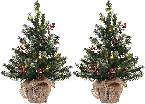 Miniatura 10 de MEETYAMOR Mini árbol de Navidad de 2 pies, 24 pulgadas de polietileno preiluminado pequeño árbol de Navidad artificial de mesa flocado con