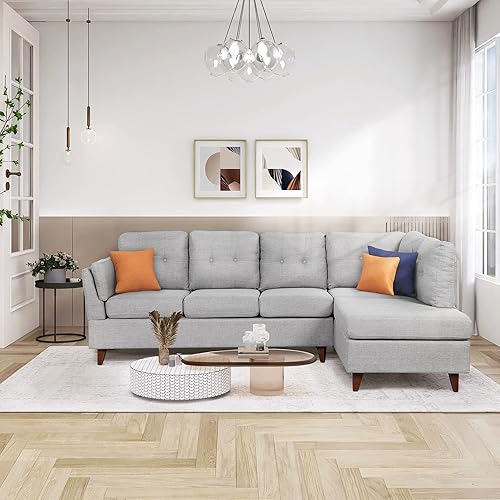 Reversible Living Room Sectional Sofa with Handy Side Pocket,with Modern Linen Fabric L-Shape 3-Seat Couch for Small Space,Simple and Elegant Gray