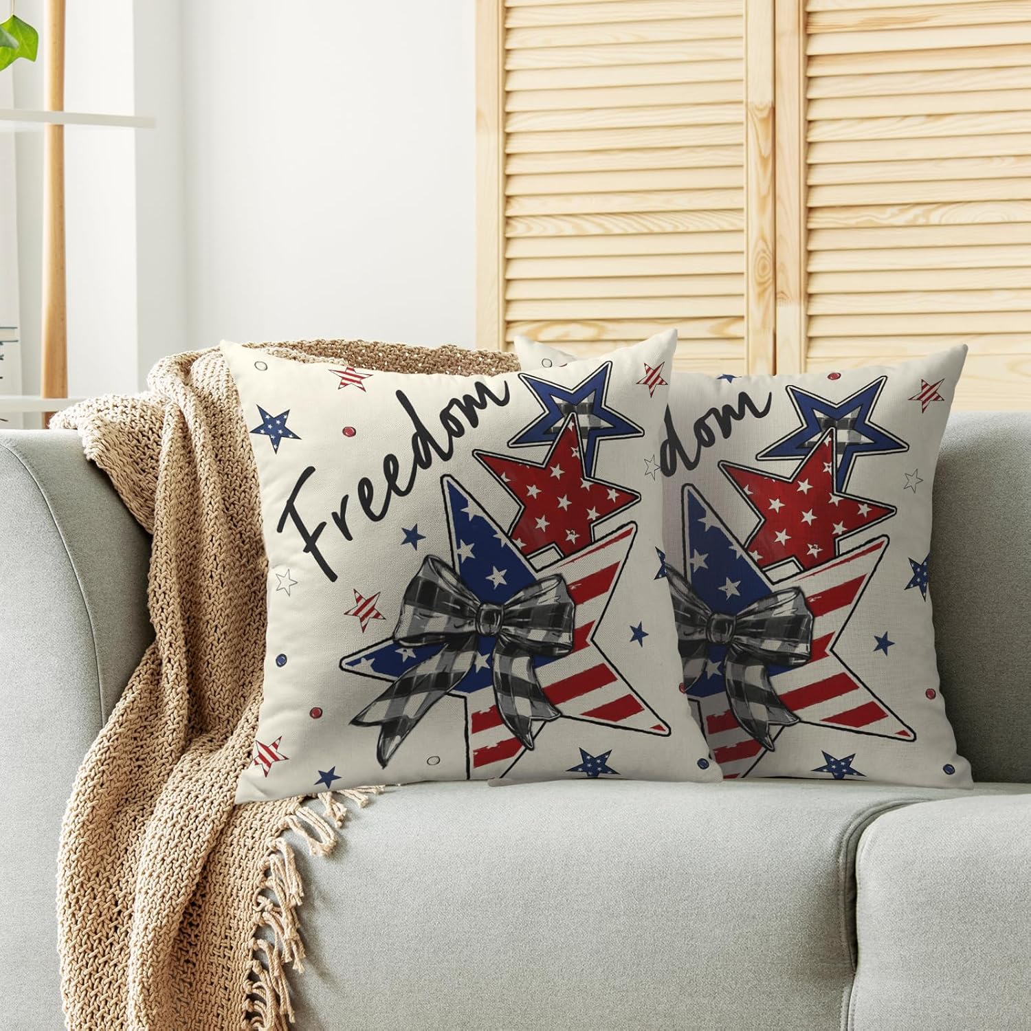 Patriotic 4th of July Pillow Covers 24X24 Set of 2, Memorial Day Red White Blue American Flag Star Freedom Decorative Throw Pillowcases Outdoor Fourth July Holiday Cushion Cases Couch Sofa Bed Decor