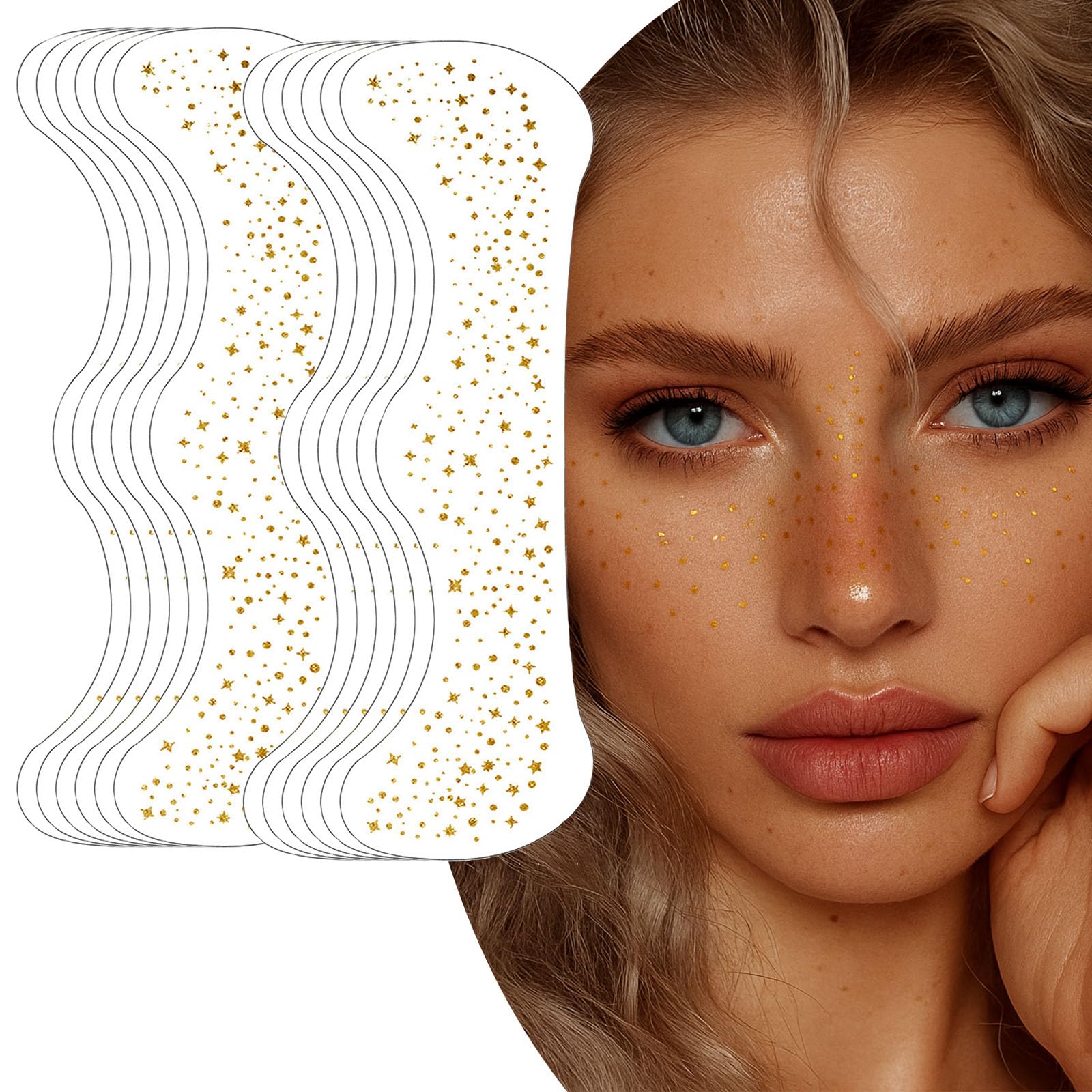Gold Glitter Face Tattoos with Metallic & Star Sparkle Gems