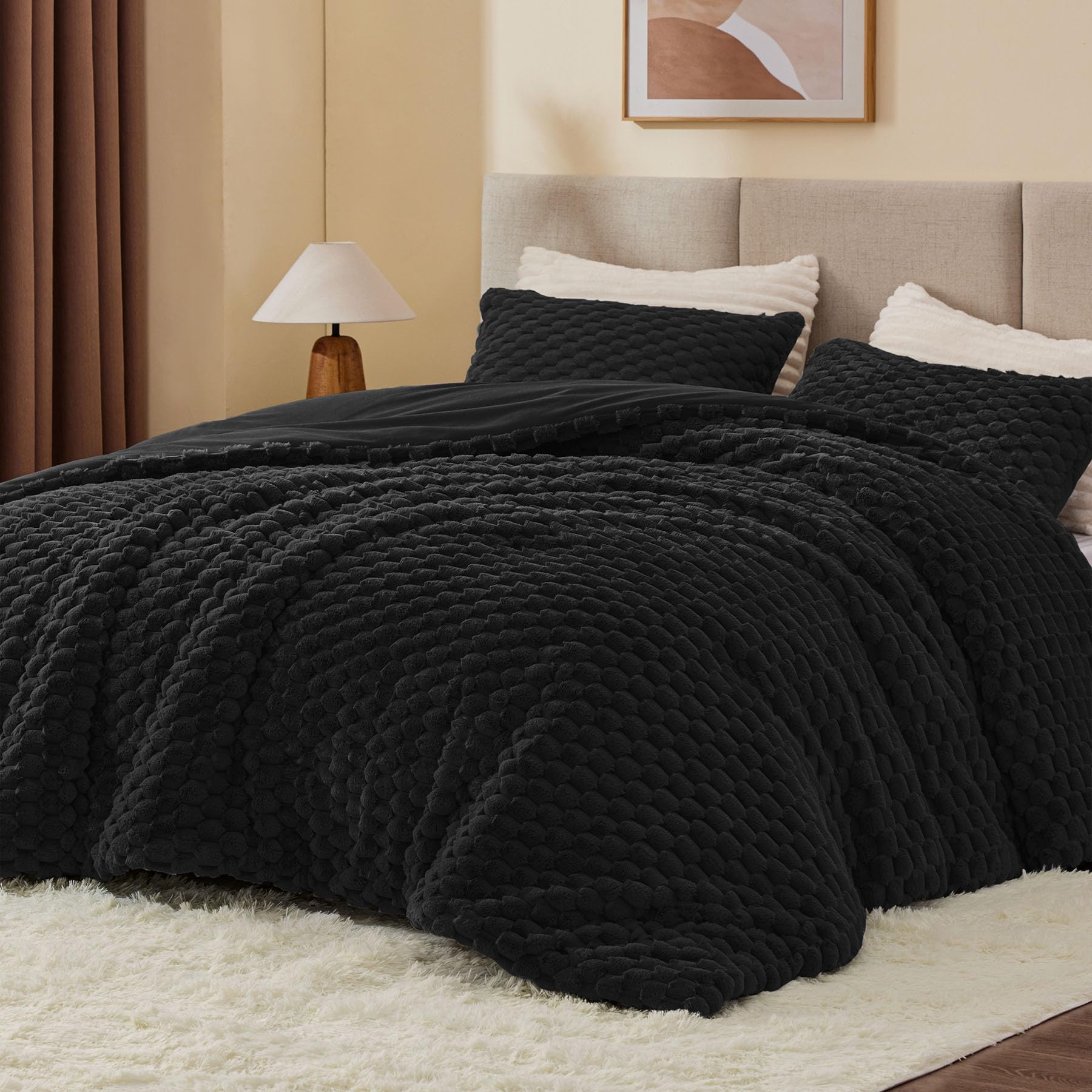 BEDELITE Fluffy King Size Comforter Set, Black Fleece Bed Set 3 Pieces | Soft &amp; Warm, Luxury Fuzzy Bedding for All Season, Cozy Room Decor Aesthetic, 1 Marshmallow Comforter with 2 Pillowcases