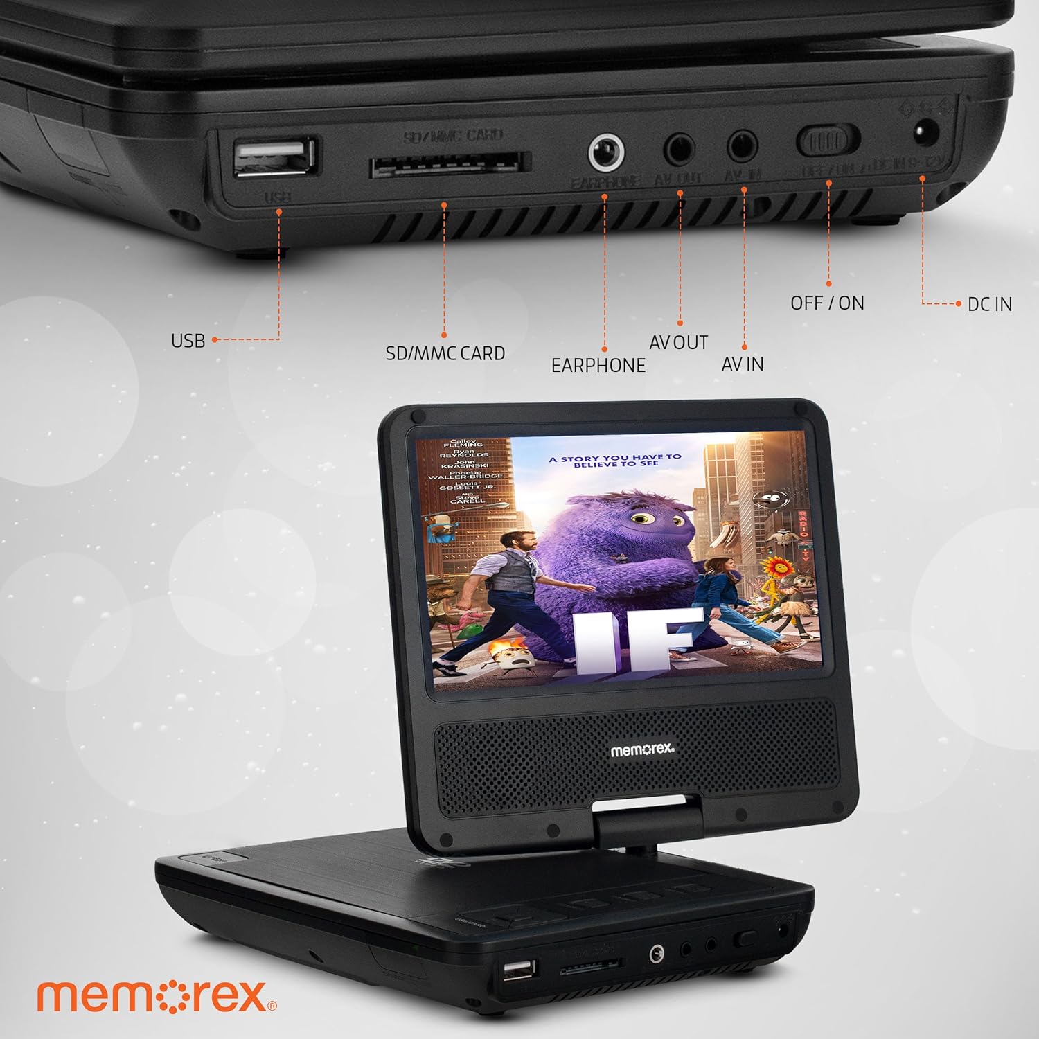 Memorex 9.5-Inch Portable DVD Player with 7-Inch Swivel Screen, 4-6 Hour Watching Time, Dual Speaker, Remote Control, Supports Sync with TV, USB/SD/AV