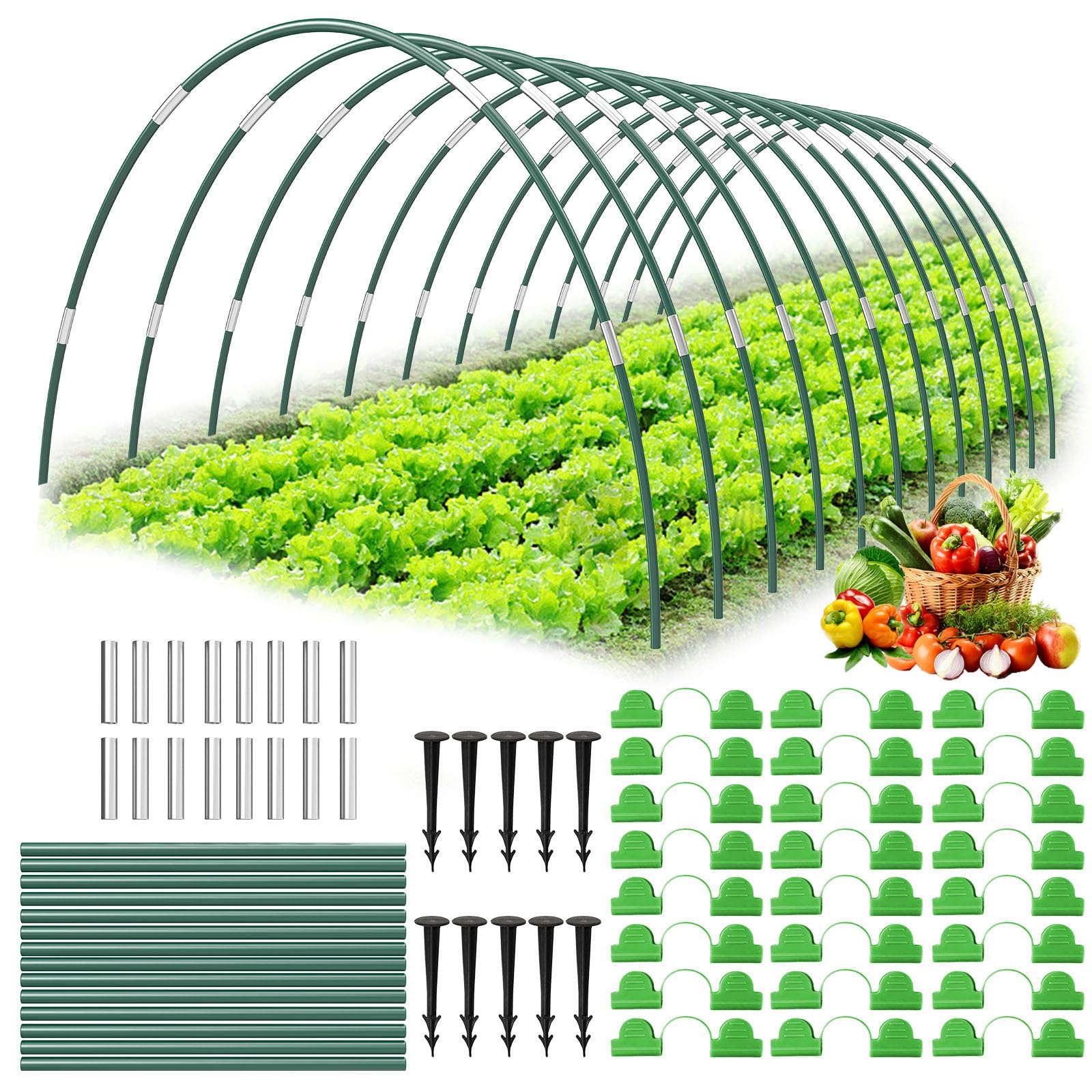 60 aros de jardín para camas elevadas, 12 juegos de aros de invernadero de 7 pies, túnel de cultivo, marco de aros de soporte de fibra de vidrio inoxidable para malla, cubierta de tela de sombra