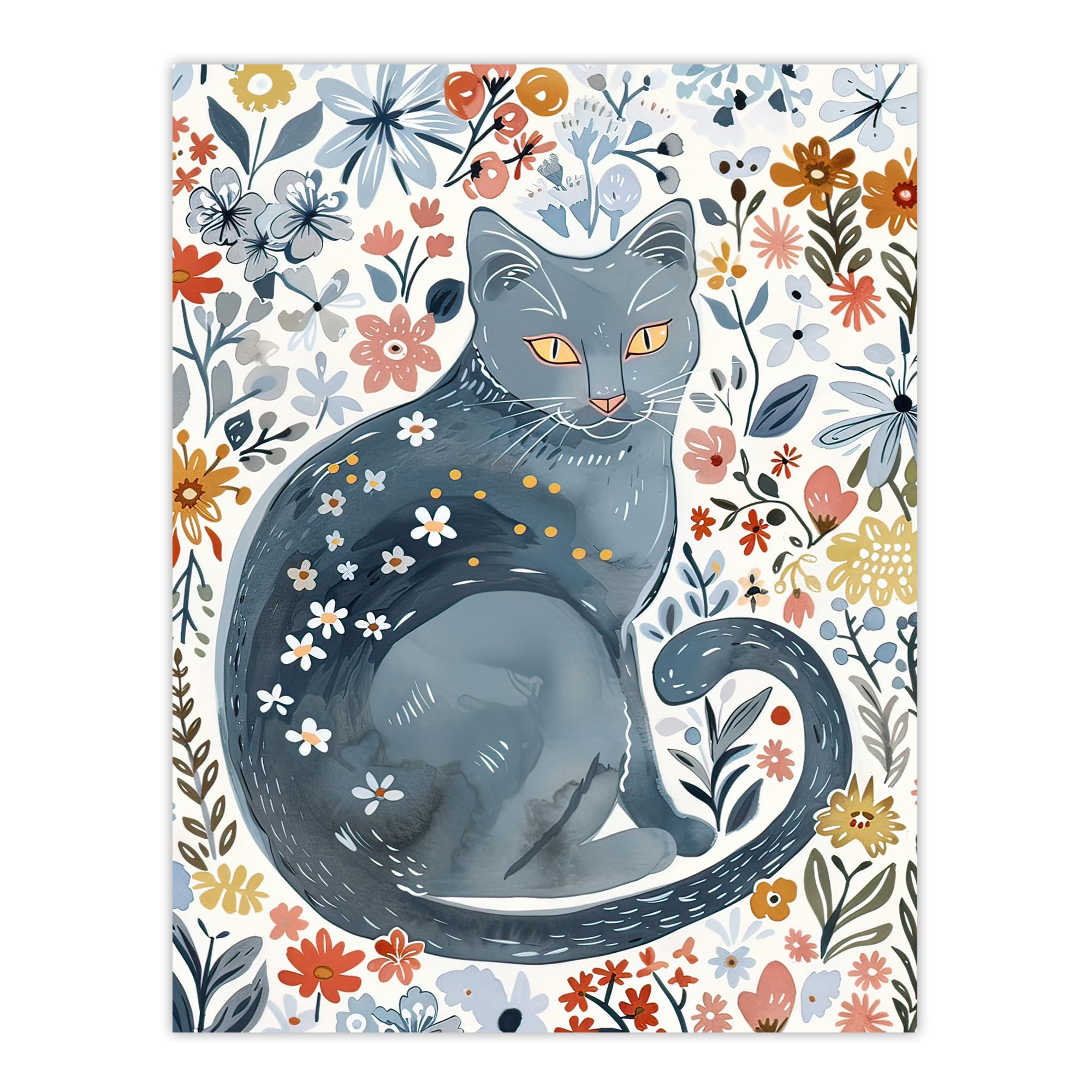 Artery8 Cat Lover Russian Blue with Bright Wildflowers Living Room Extra Large XL Wall Art Poster Print
