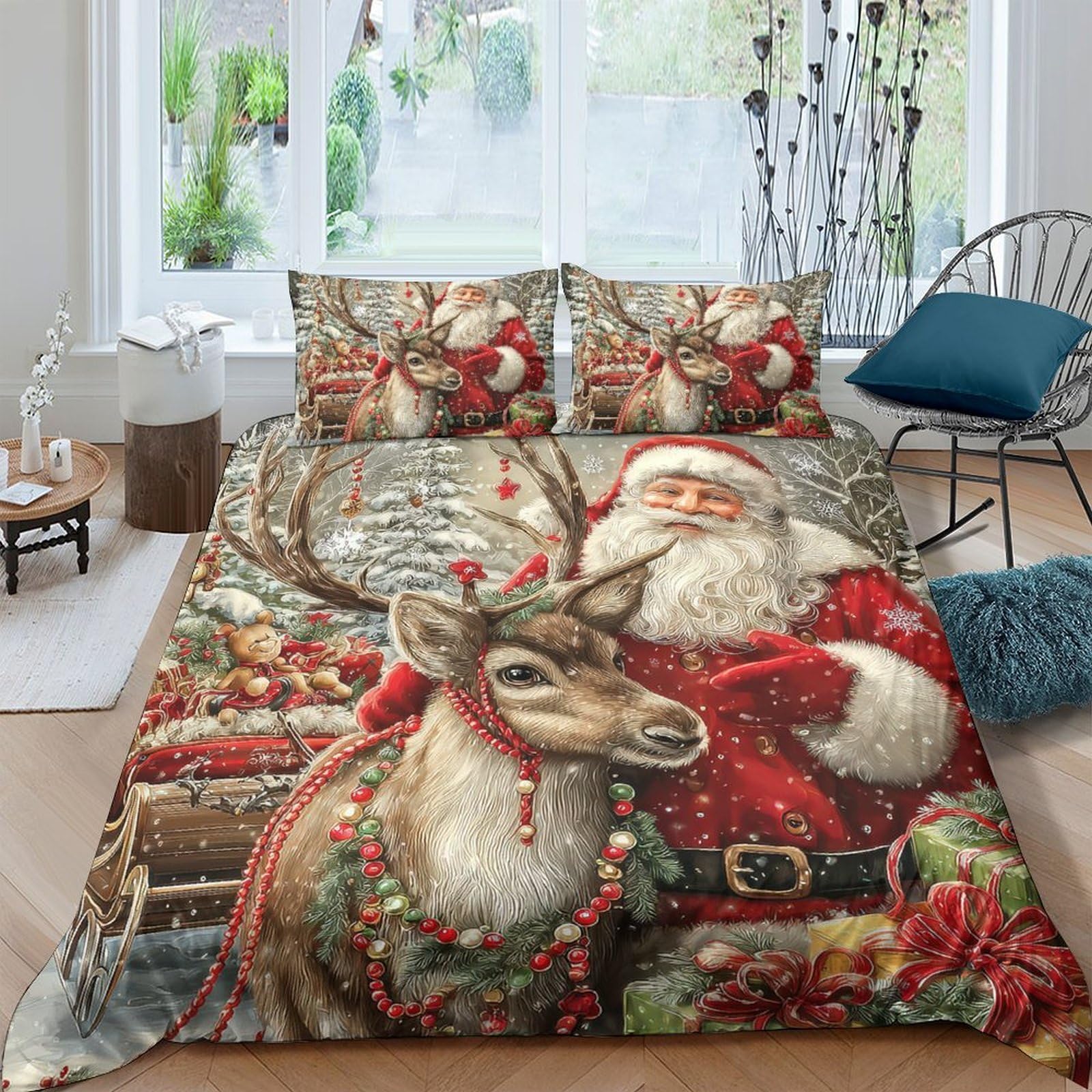 Ctjqhvkz Style-4 3D Printed Christmas Santa Fitted Sheet Microfiber Soft Festive Reindeer Bed Cover For Bedroom Home Decor Single（135X200cm）