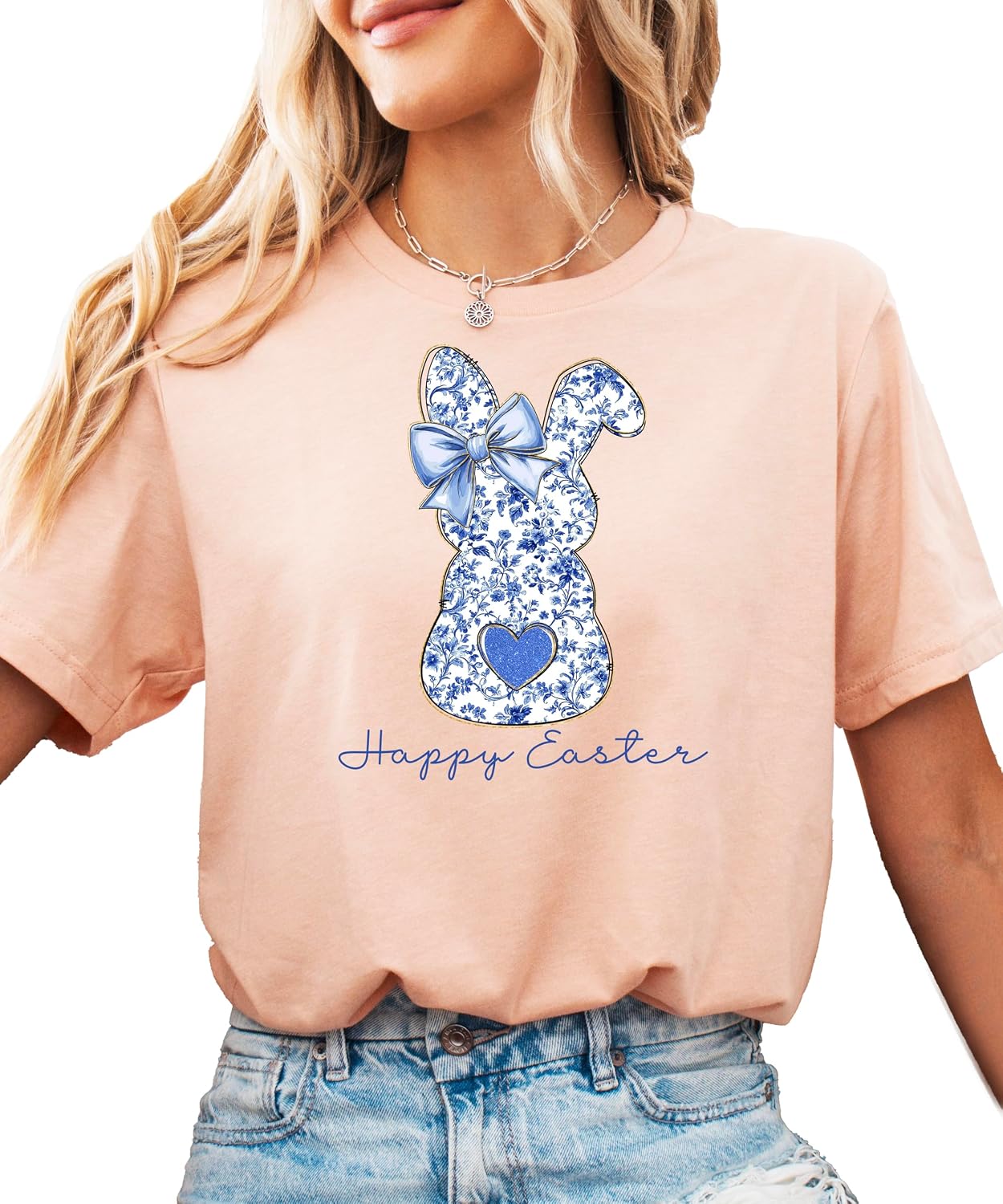 Happy Easter Blue Flower Bunny Shirt for Women Youth and Toddler Girls Girly Matching Easter Tee