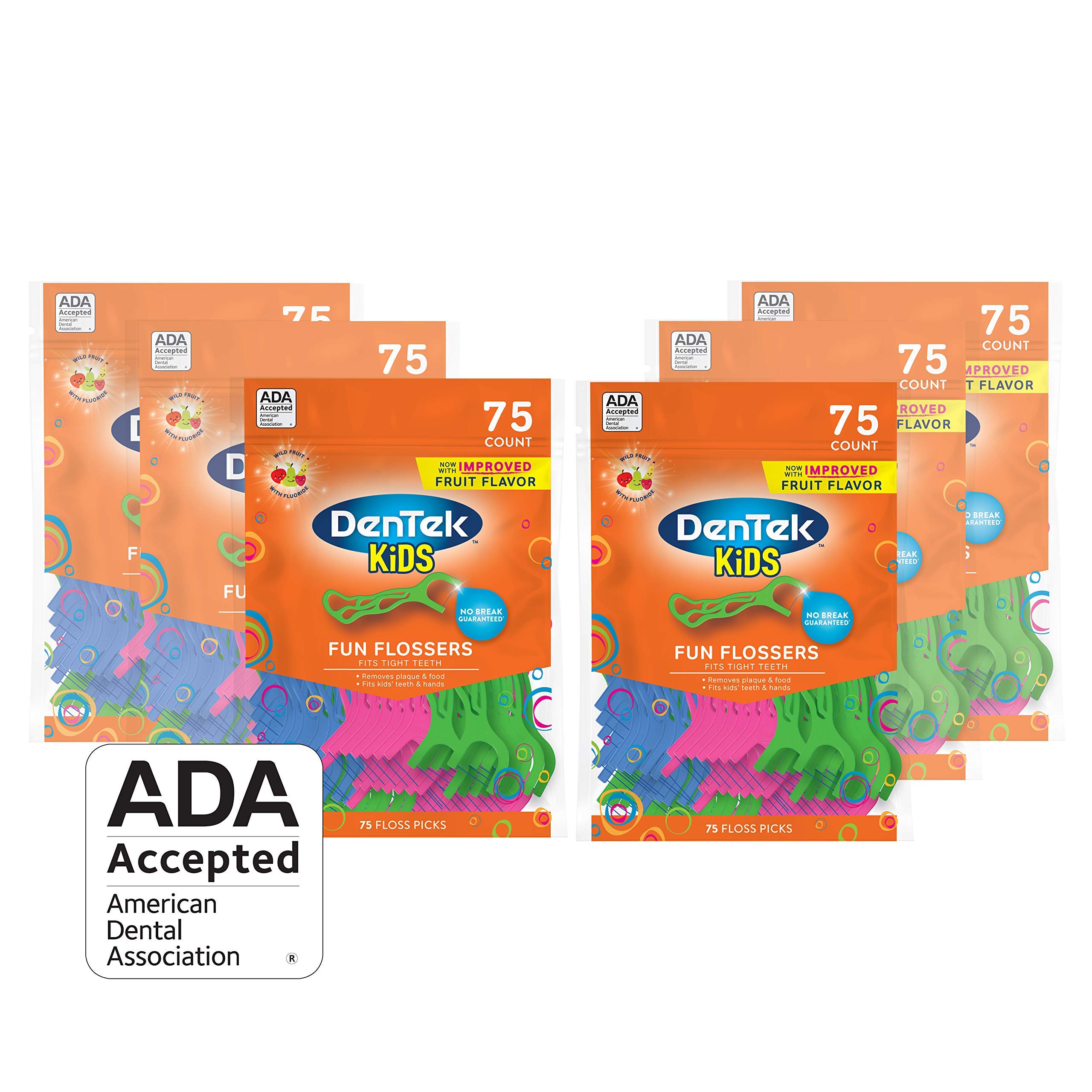 Fun Flossers for Kids, Wild Fruit Floss Picks,Easy Grip for Kids,75 Count (pack of 6)