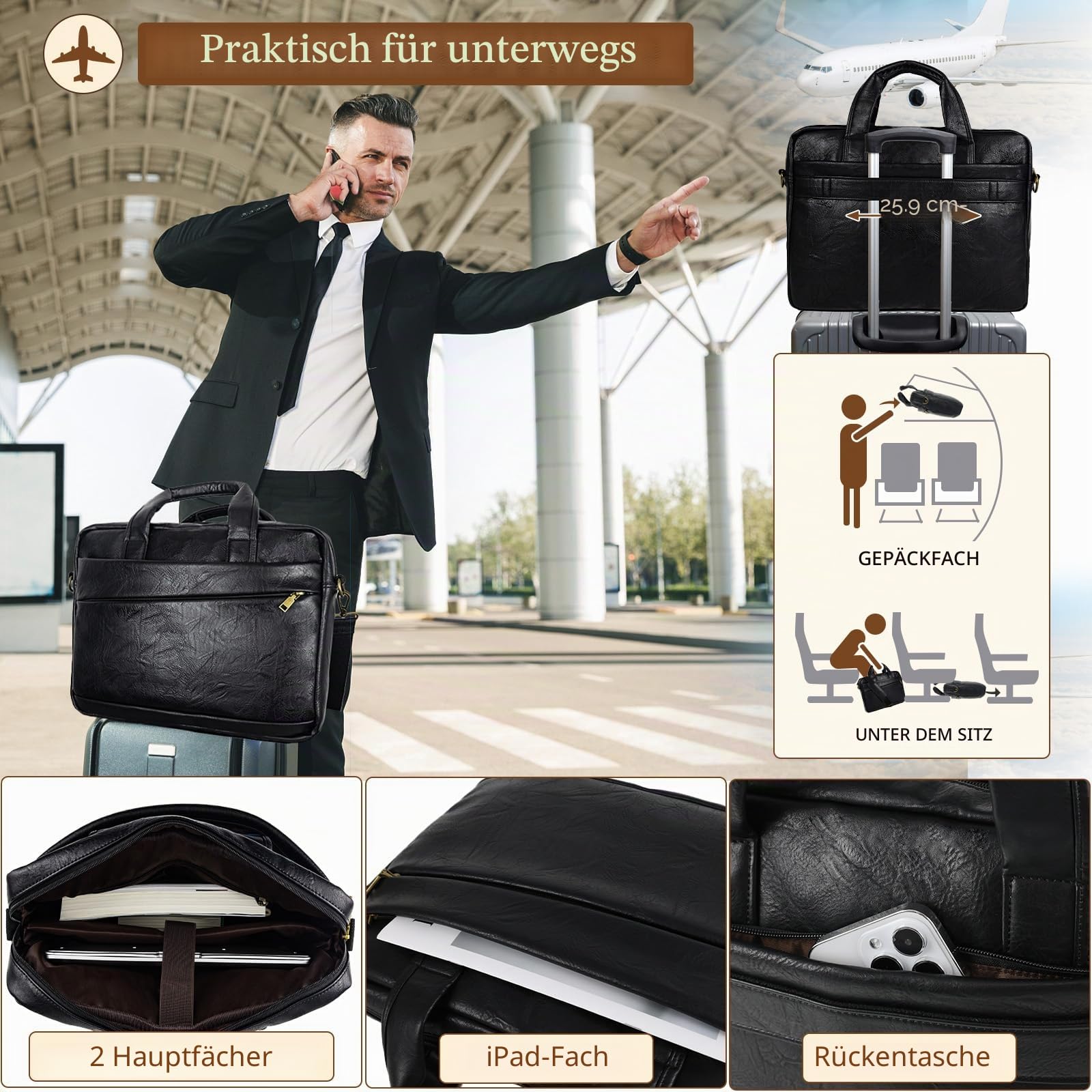 Herren Messenger Bag 17,3 Zoll Canvas/Leder Laptoptasche Rucksack für Herren Aktentasche Computer Handtaschen Schultertasche wandelbar, PU, klein, Schwarz, 16 inches, Retro