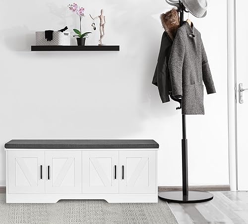Miniatura 60 de Banco de almacenamiento de 2 niveles, banco de zapatos de 39.4 pulgadas de ancho con cojín de asiento acolchado, banco de entrada con 2 puertas de
