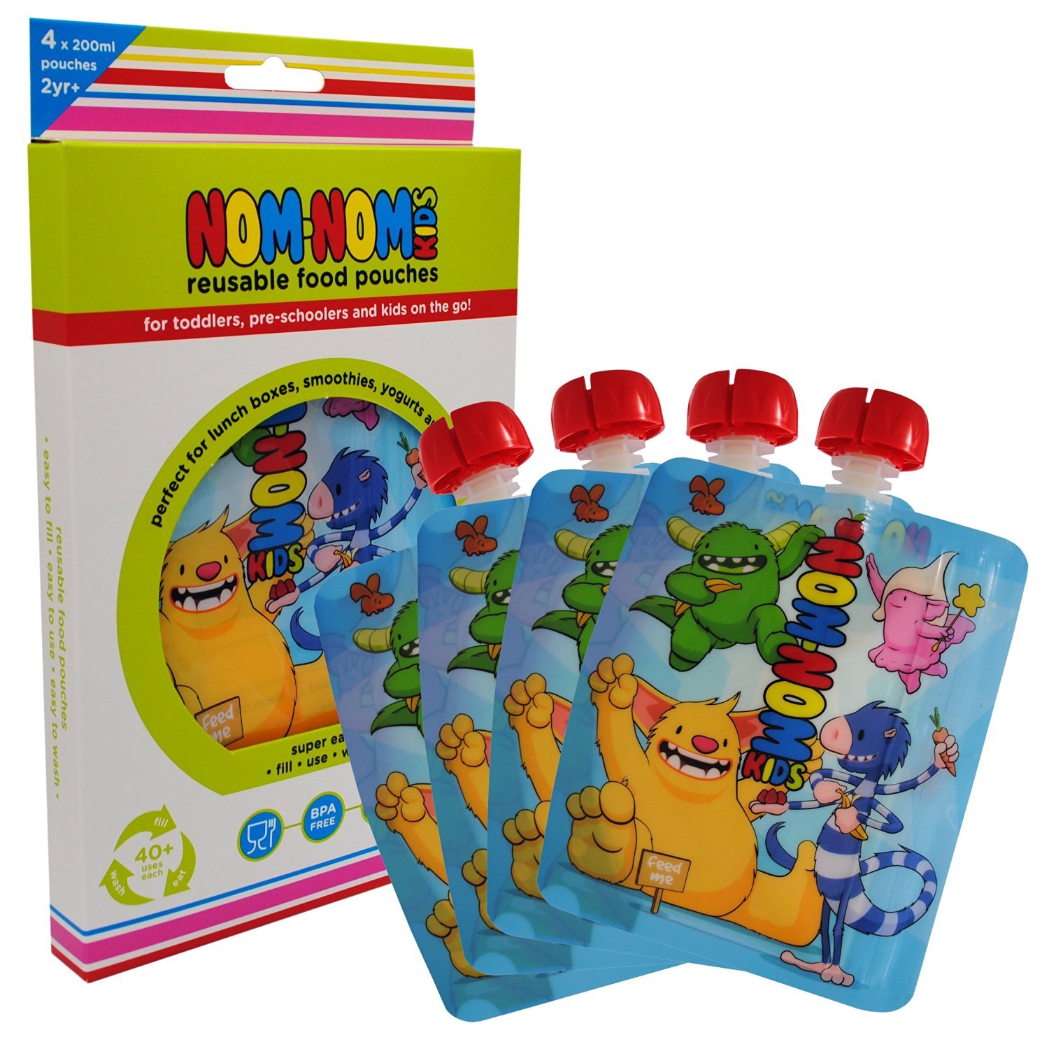 MONSTER Reusable Food Pouch from Nom Nom Kids - Holds 200ml - larger size is perfect for toddlers and older kids - 4 pk - Perfect for yogurts, smoothies and puddings for nursery and school lunch boxes