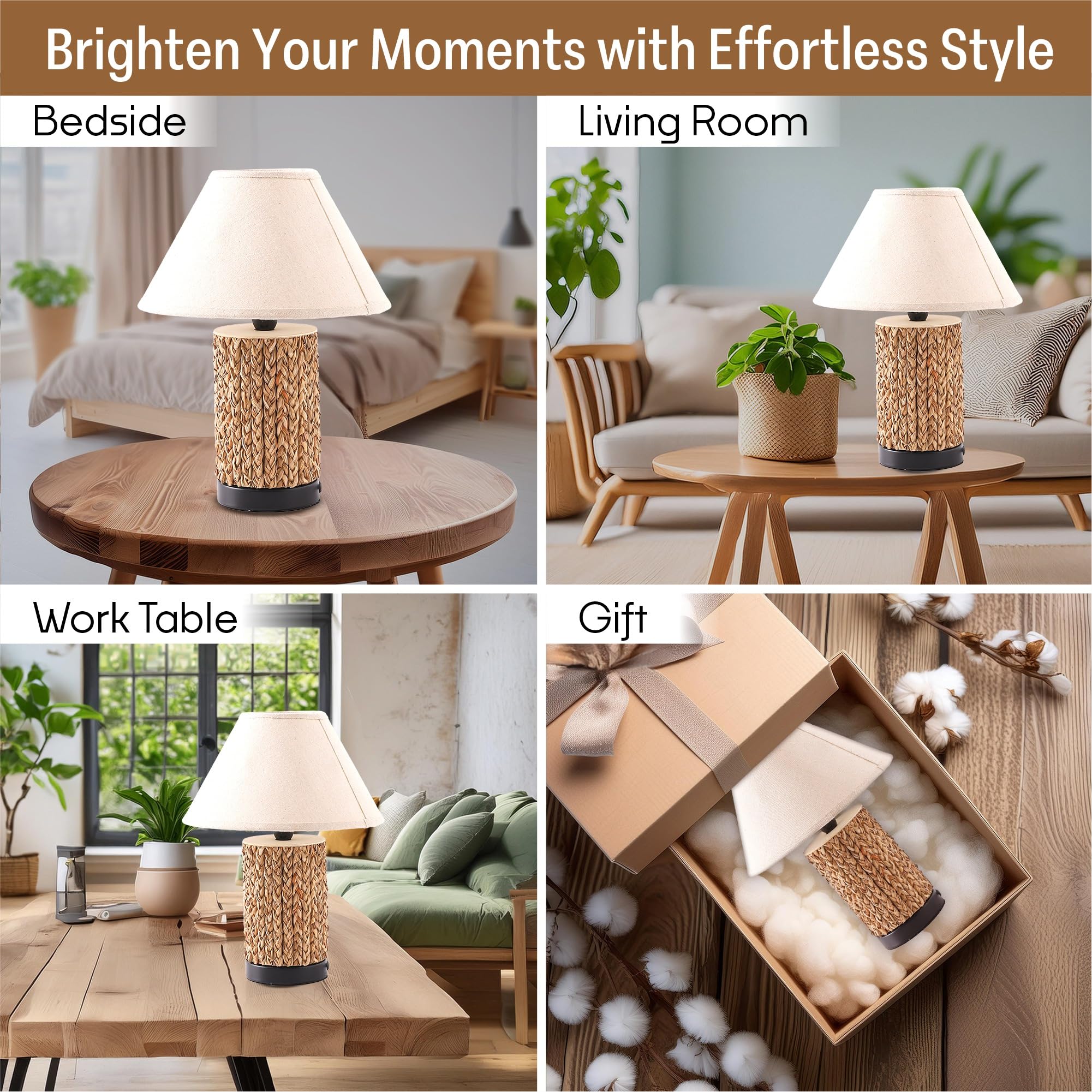 Kuber Industries Aesthetic Bedroom Lamp for Side Table | Office & Desk Table Lamp for Living Room and Home Decor with Wooden Base & Light Color Changing | White & Natural Wooden Brown-WH003 4