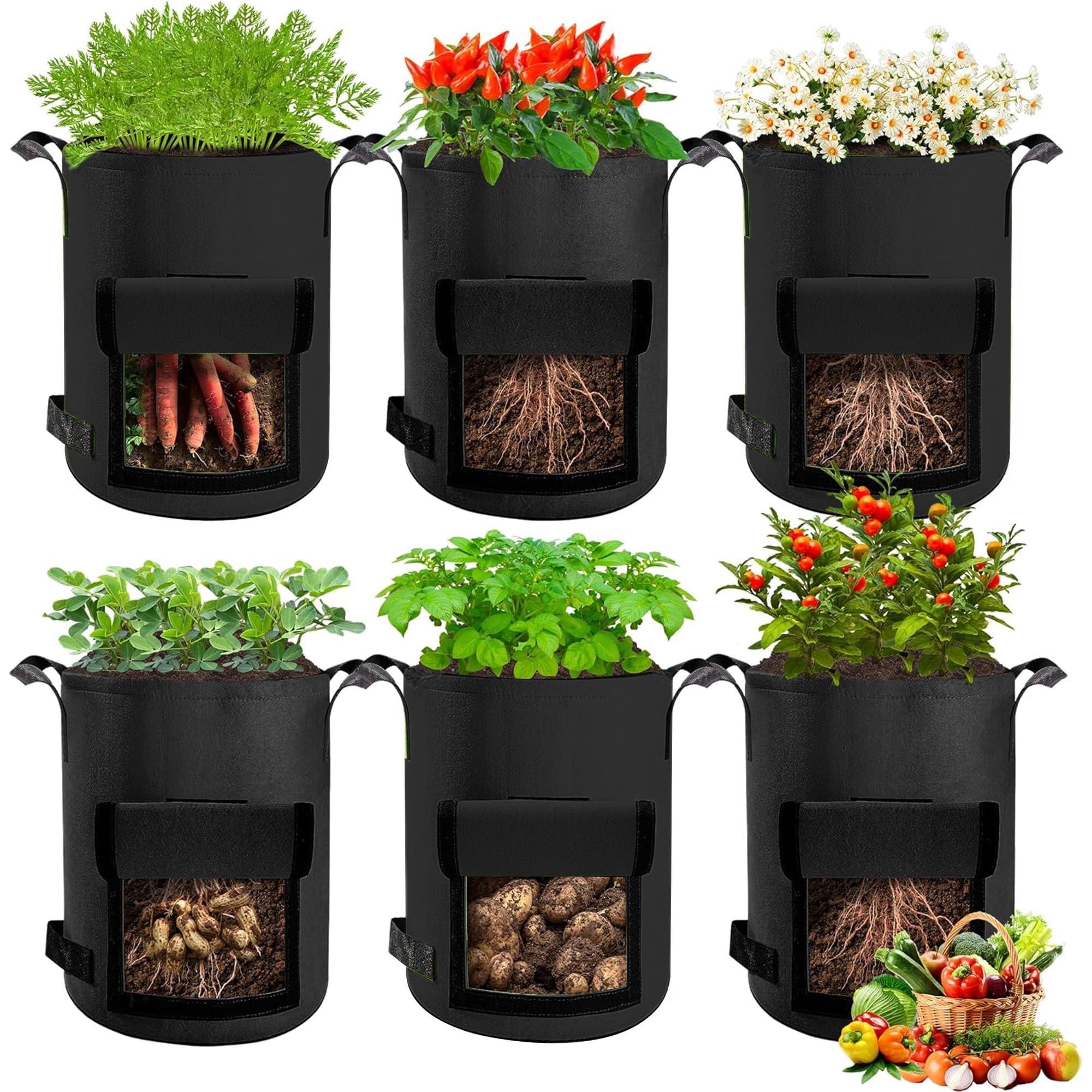 SunStream Potato Grow Bags with windows (7Gal-6Pack) 27L Breathable Fabric Plant Vegetable Growing Bag Planting Tomatoes, potato, Vegetables, Strawberry with Window Flap and Handles