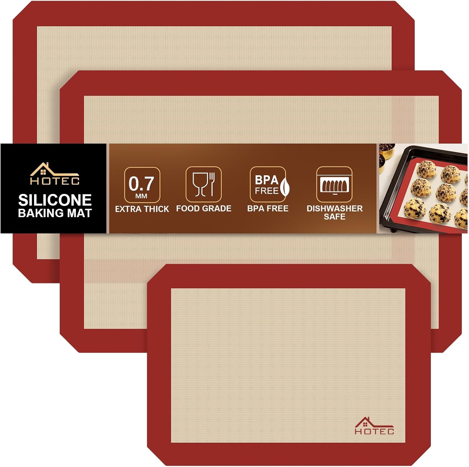 HOTEC Silicone Baking Mats 3 Pack – Thickened Non-Stick Reusable Silicone Baking Sheets for Oven – Cookie & Macaron Mats – 2 Half Sheet + 1 Quarter Sheet – BPA-Free, Dishwasher Safe HOTEC Silicone Baking Mats 3 Pack – Thickened Non-Stick Reusable Silicone Baking Sheets for Oven – Cookie & Macaron Mats – 2 Half Sheet + 1 Quarter Sheet – BPA-Free, Dishwasher Safe