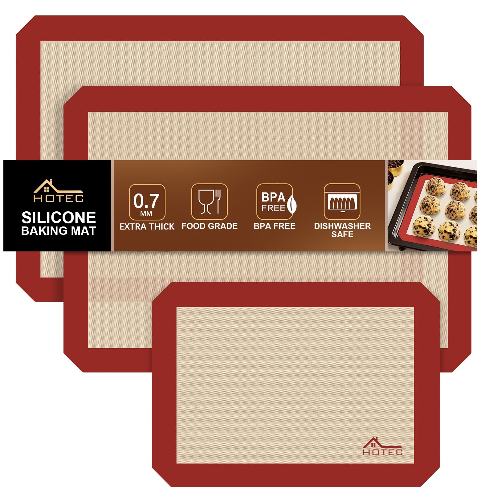 HOTEC Silicone Baking Mats 3 Pack – Thickened Non-Stick Reusable Silicone Baking Sheets for Oven – Cookie & Macaron Mats – 2 Half Sheet + 1 Quarter Sheet – BPA-Free, Dishwasher Safe