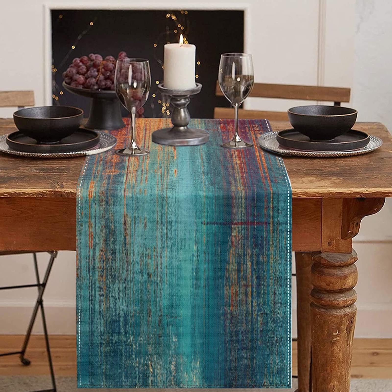 Emvency Blue and Orange Table Runner, Vintage Abstract Messy Rust Painting Dining Decor for Kitchen Coffee Table Family Dinners Holiday Parties Wedding Events Decor(13x72 inch)