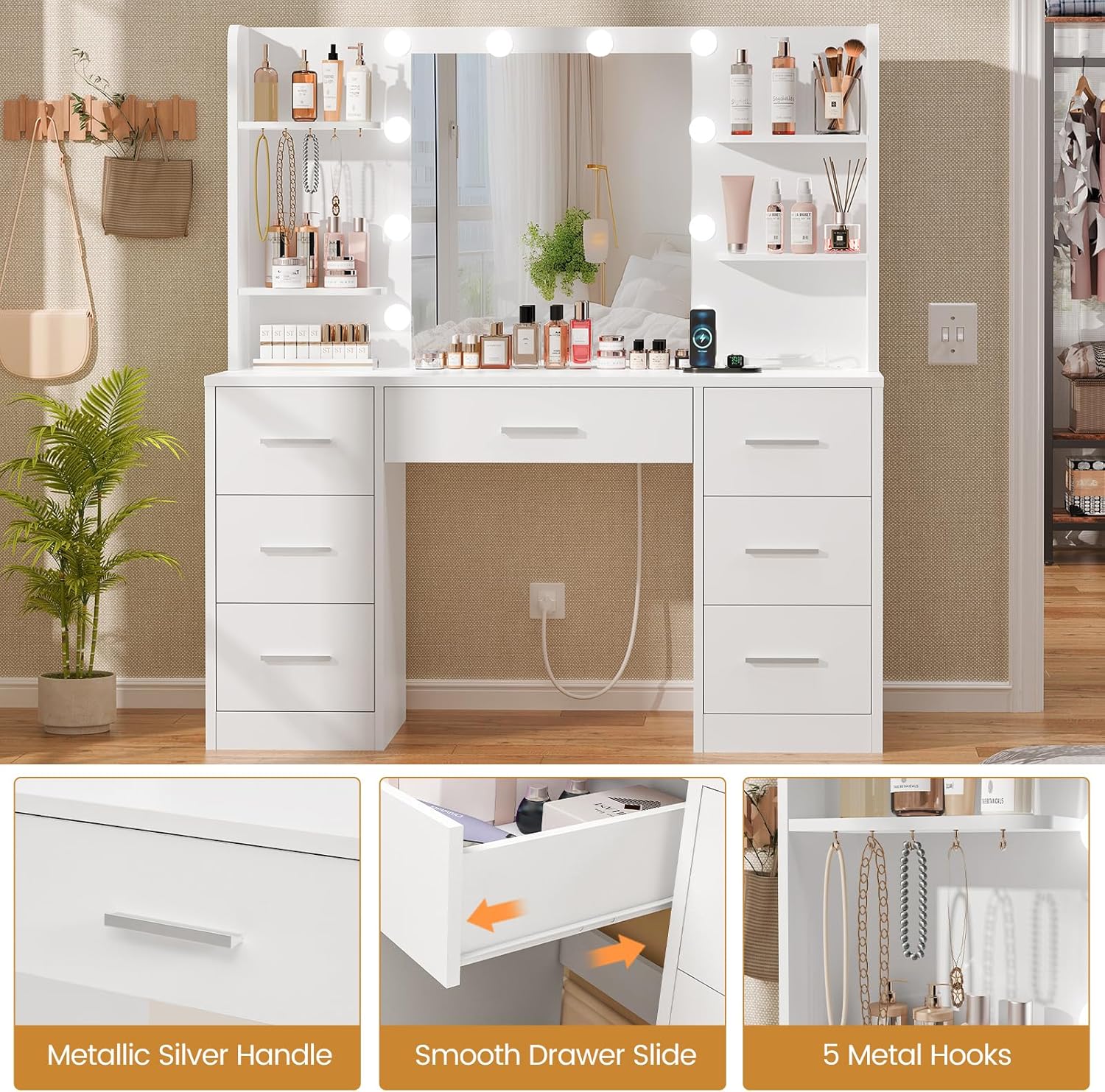 Quimoo Large Vanity Desk with LED Lighted Mirror & Power Outlet,Makeup Vanity Table with 7 Drawers,4 Shelves and 5 Hooks,Vanity Table, Vanity Desk Set for Bedroom,Bathroom,White