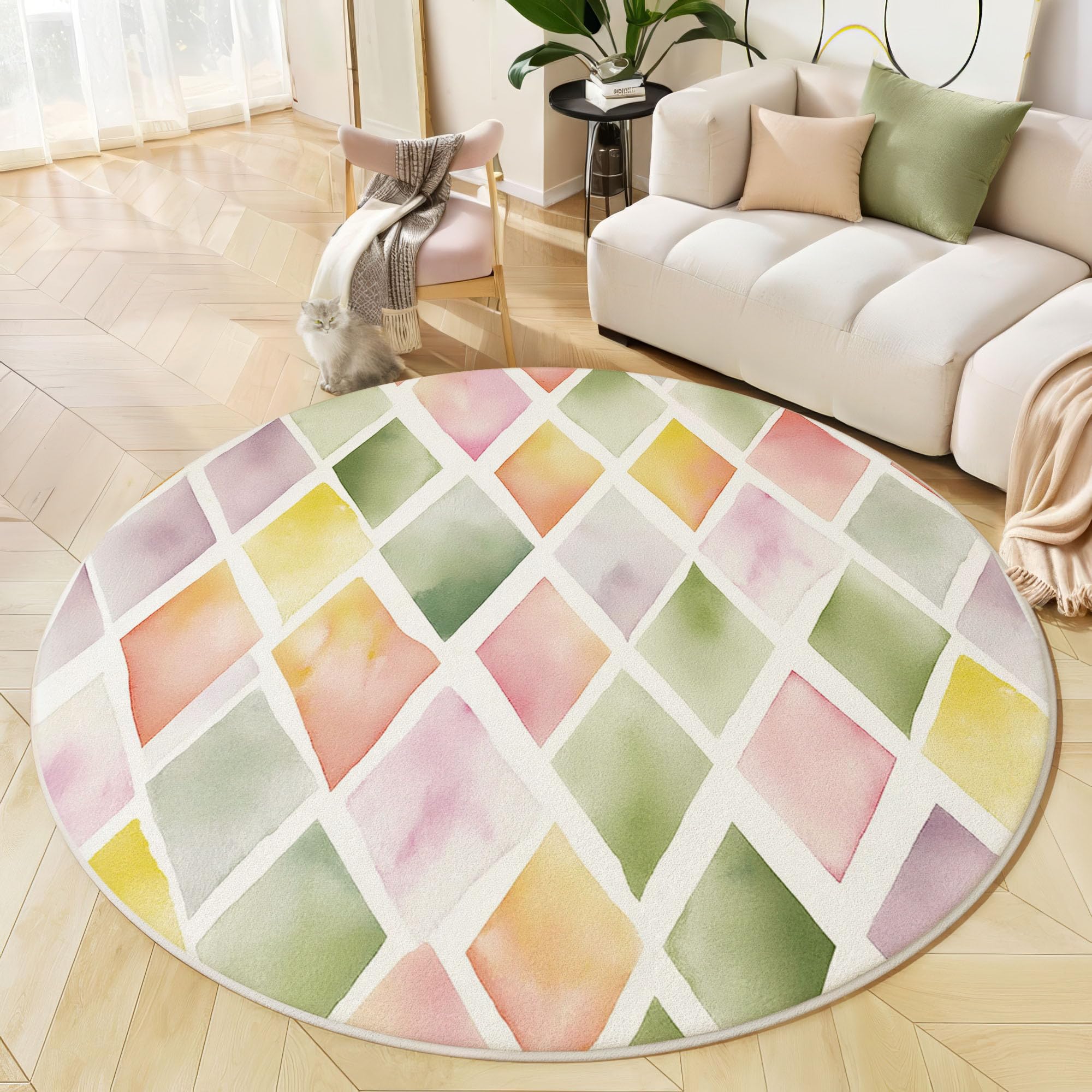 Tapis rond 100cm en microfibre beige à motif géométrique pour salon