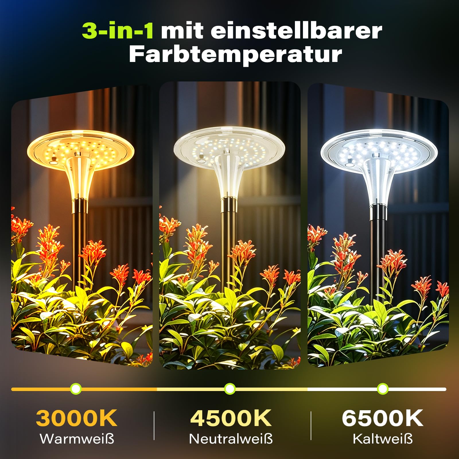 Solarlampen für außen Garten, 4er-Set Wegeleuchten, 3 Lichtfarben | 3000K/4500K/6500K, 200 lm, 360° Rundumlicht, über 12 Std. Laufzeit, IP65, 3 Höhen für Wege Einfahrt und Terrasse