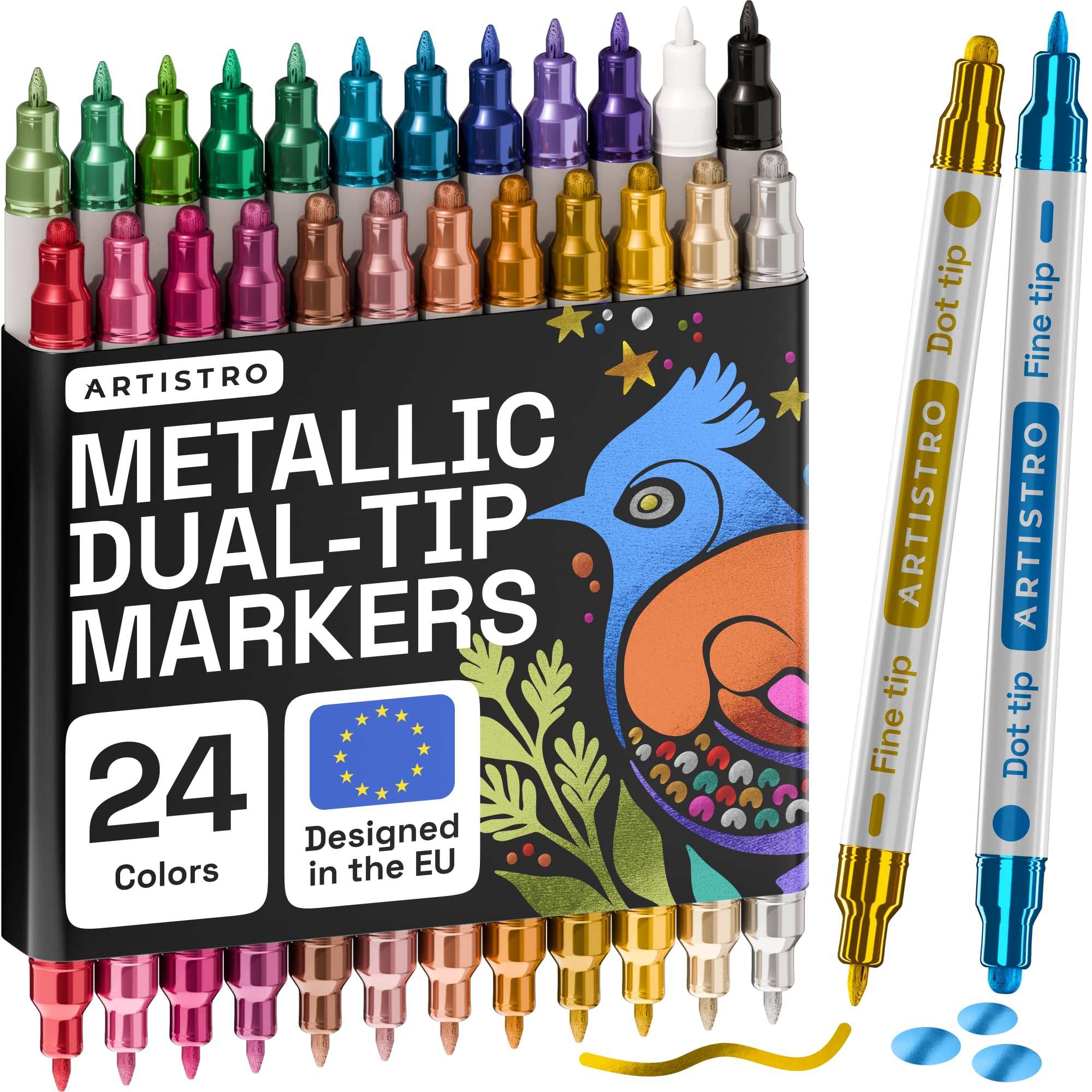 ARTISTRO 24 Metallic Dual-Tip Acrylic Paint Markers for Rock, Canvas, Glass, Wood, & More Fine + Dot Tips