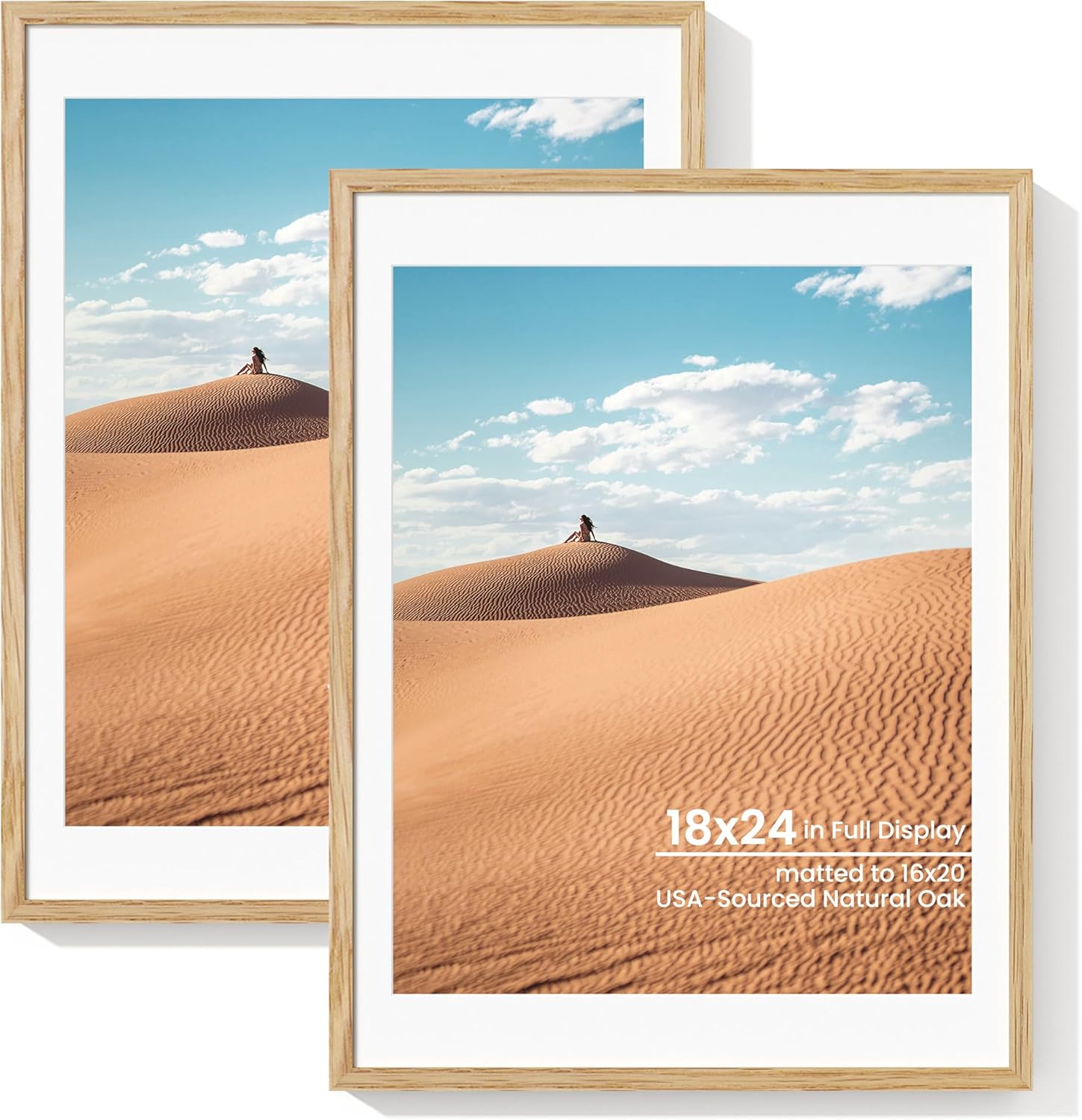 18x24 Picture Frame, Natural Oak Wood Poster Frame with Mat for 16x20, 18 x 24 Matted Picture Frames with Tempered Real Glass for Wall Art Photo and Prints, Oak Color, Set of 2