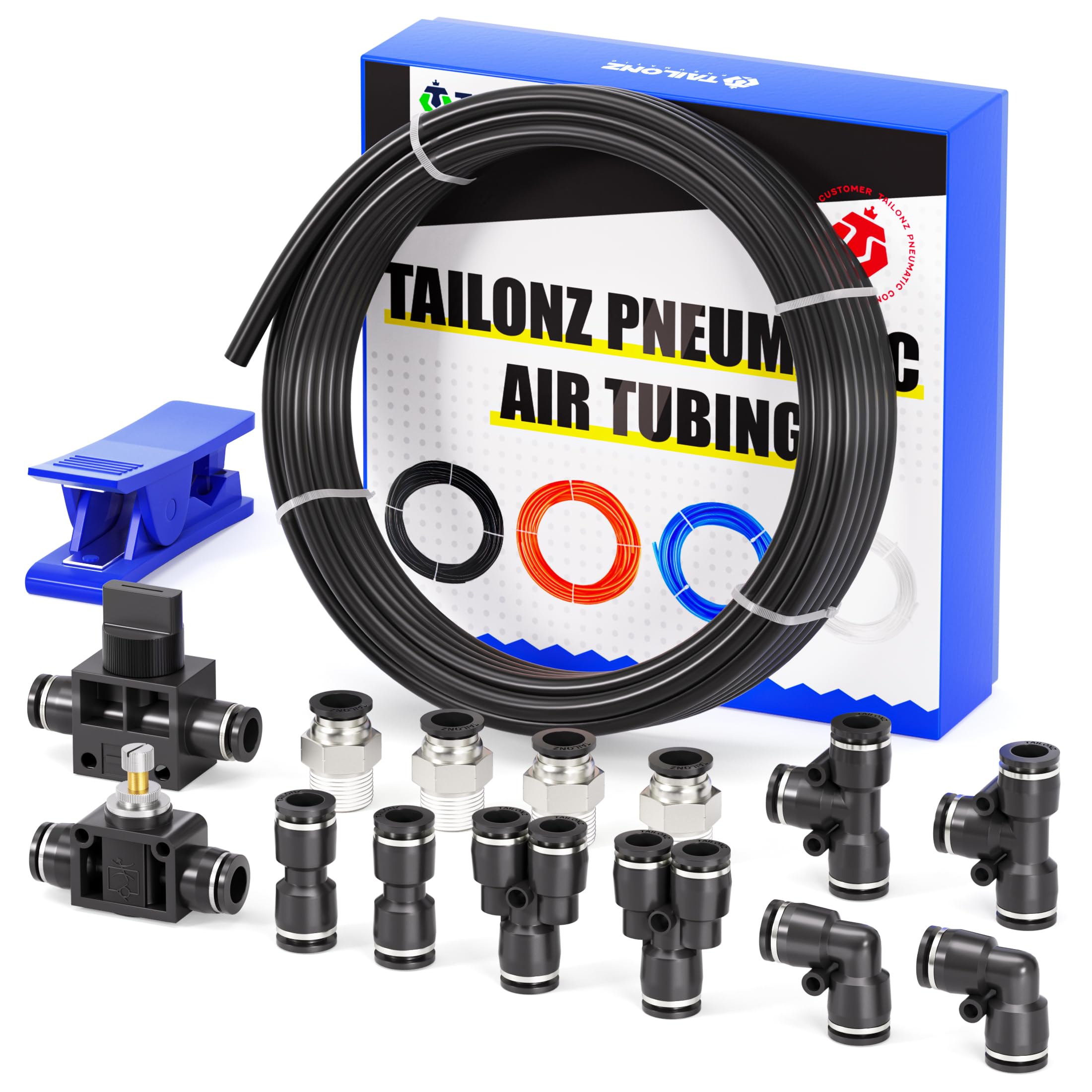 TAILONZ PNEUMATIC Black 1/2 Inch od 10 Meter 32.8ft PU Air Tubing Kit Pipe Hose Air Line Tubing Or Fluid Transfer Pneumatic tubing