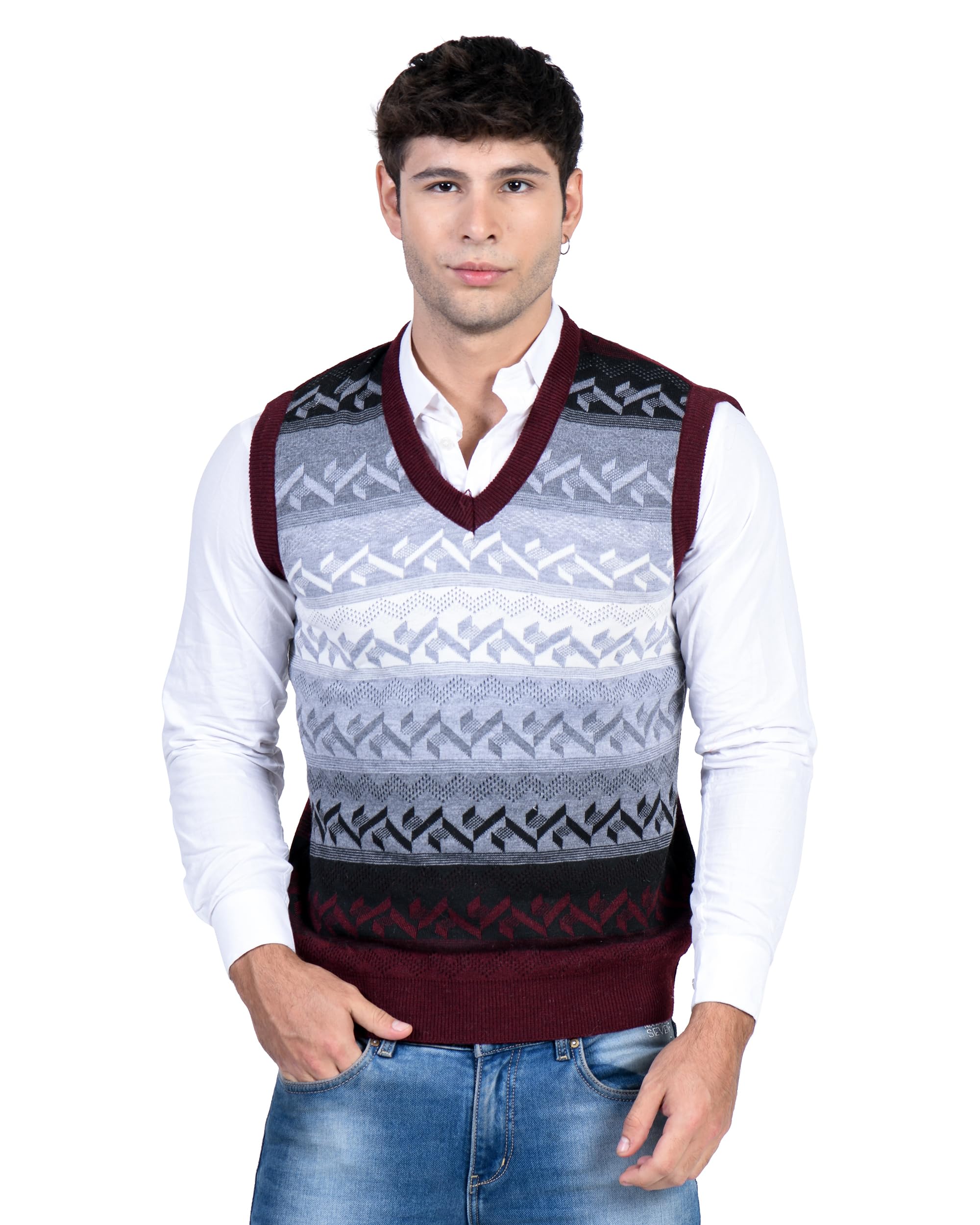 mont connett Men Woolen V Neck Printed Design Sleeveless Pullover Heavy Rainbow Fabric Winter Wear Pure Wool Cardigan for Men Fully Warm Pullover Free Sizes-picture-25