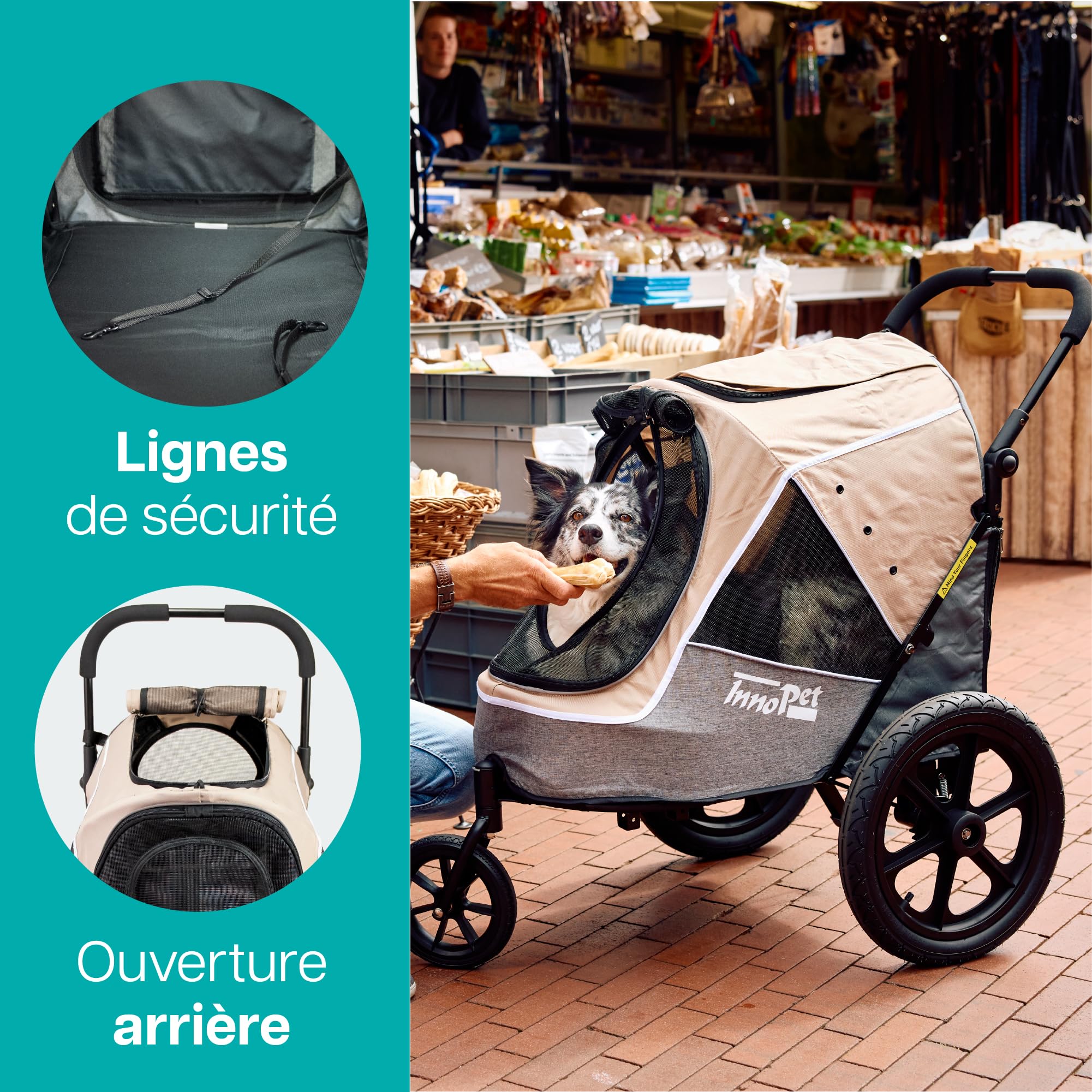 Poussette et remorque pour chien 2 en 1 Innopet Sporty Evolution Latte - Beige/Gris, capacité de 30 kg avec housse de pluie - Poussette pour chat et buggy pour animaux de compagnie